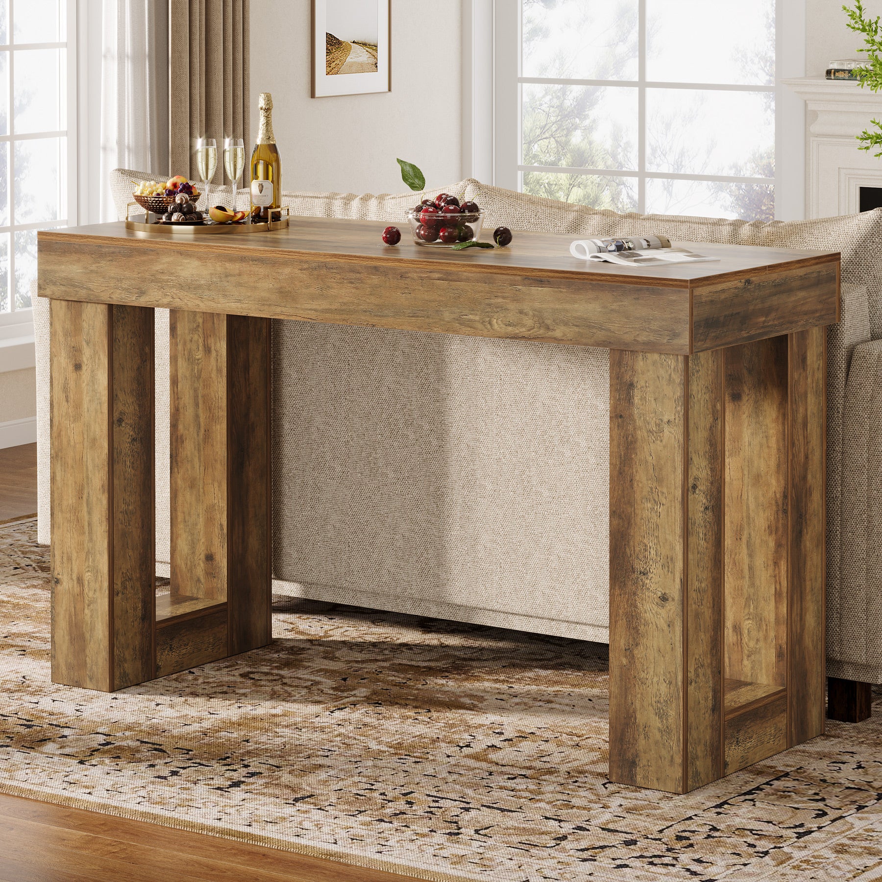 63" Bar Table, Counter Height Pub Table with Sturdy Rectangular Base