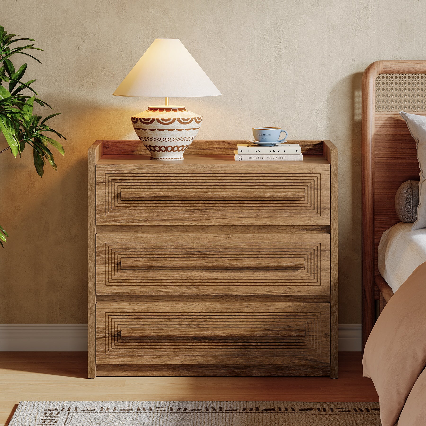 3-Drawer Nightstand, 32" Large Bedside Table Oversized End Table