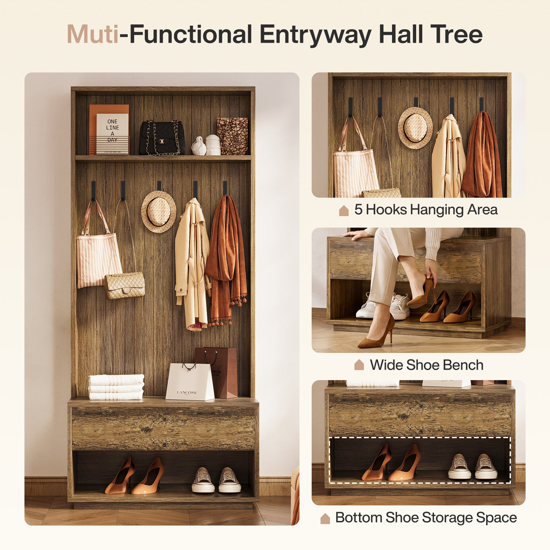 70.87-Inch Hall Tree with Bench and Shoe Storage, 5-in-1 Organizer with Drawer and 5 Hooks