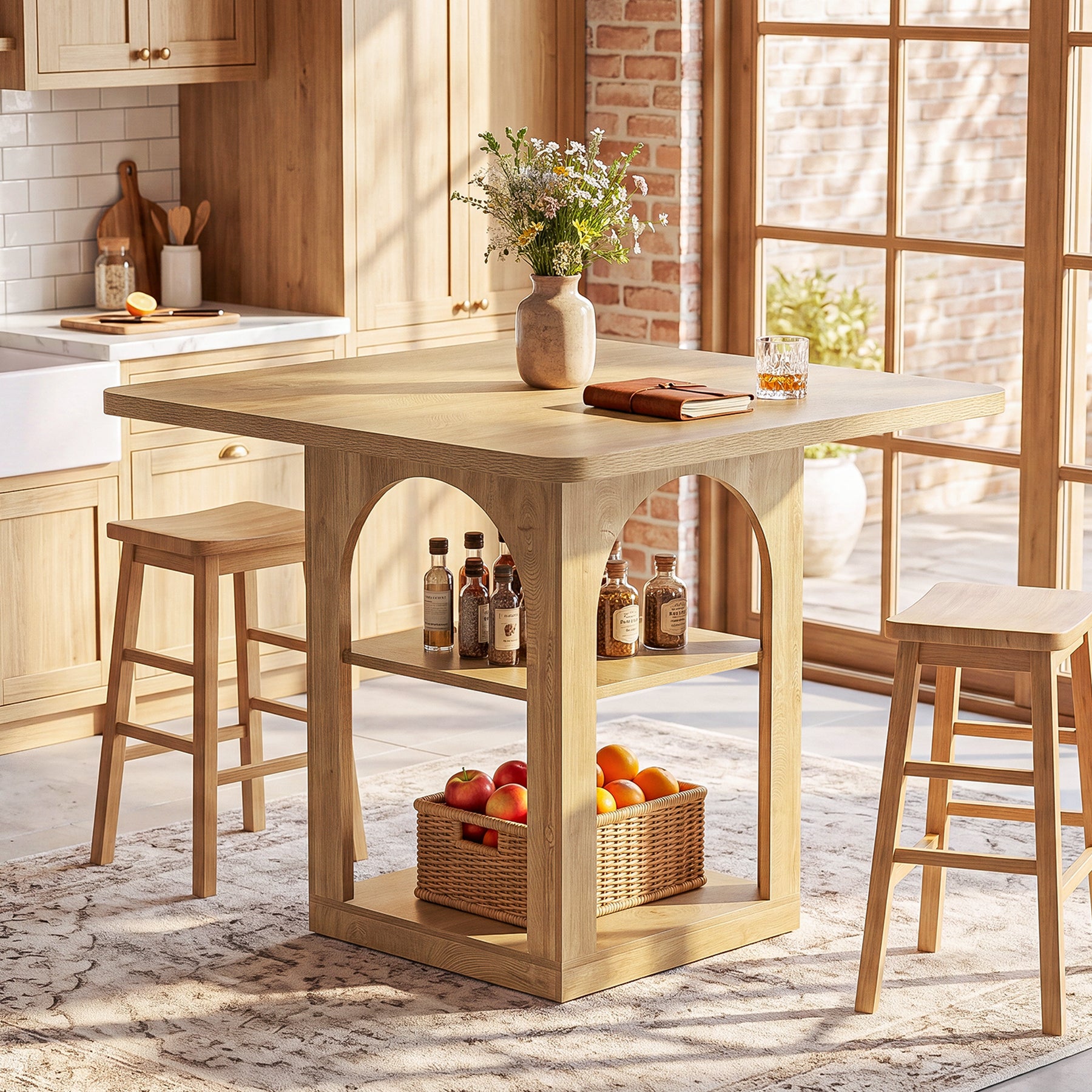 47.2" Square Bar Table, Farmhouse Counter Height Pub Table with Storage Shelves