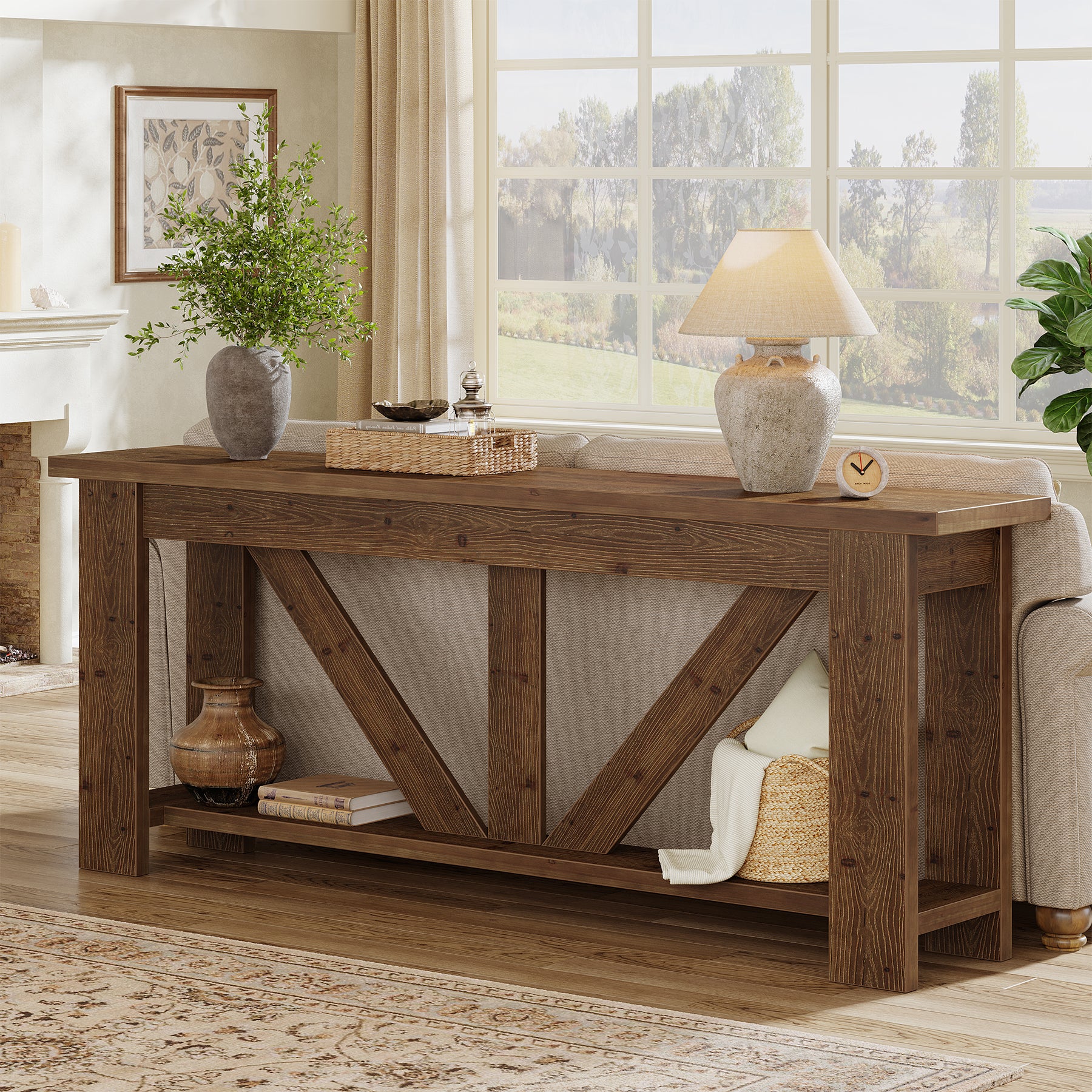70.9" Solid Wood Console Table, 2-Tier Sofa Table Behind Couch with Storage