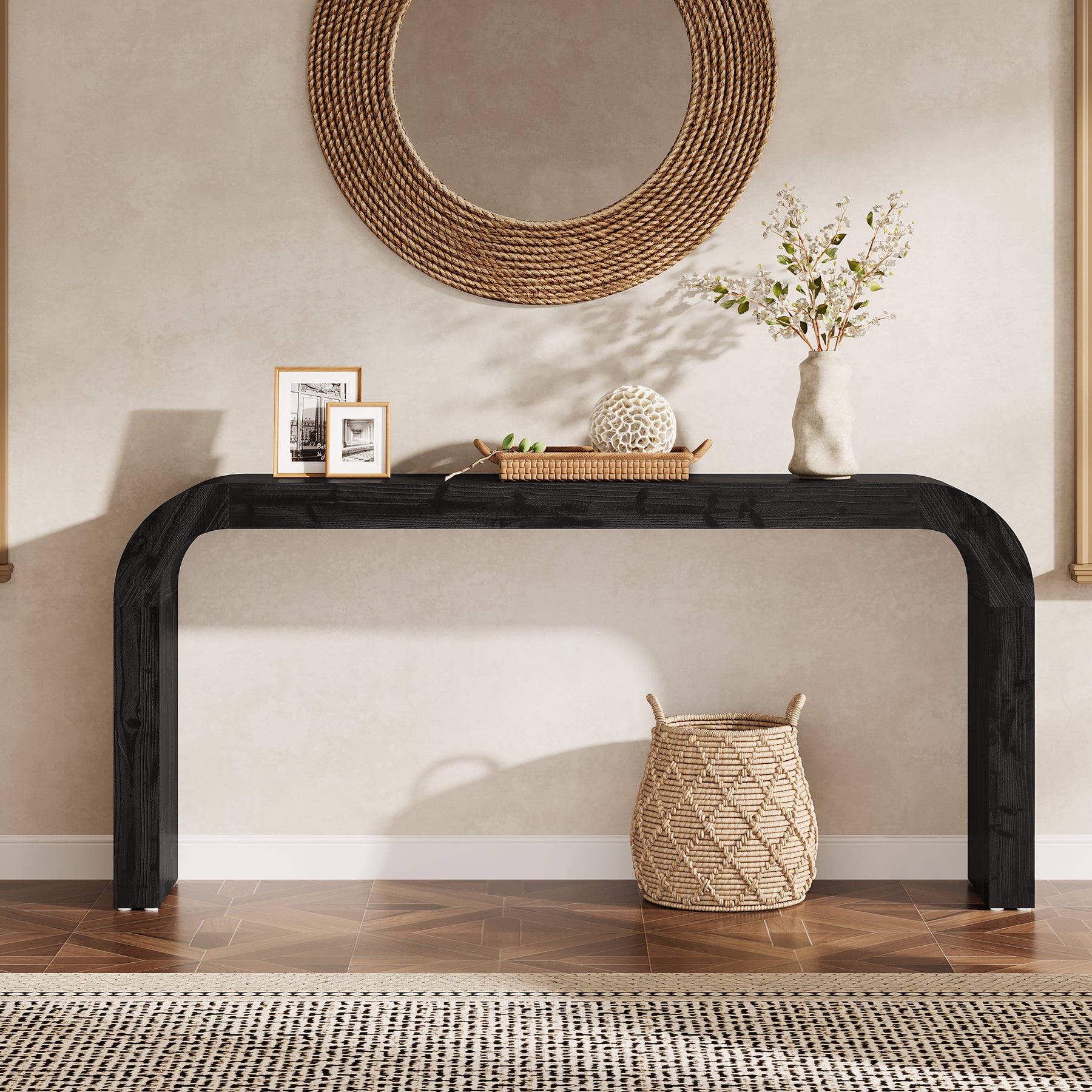 70.8" Console Table, Solid Wood Sofa Table with Curved Corners