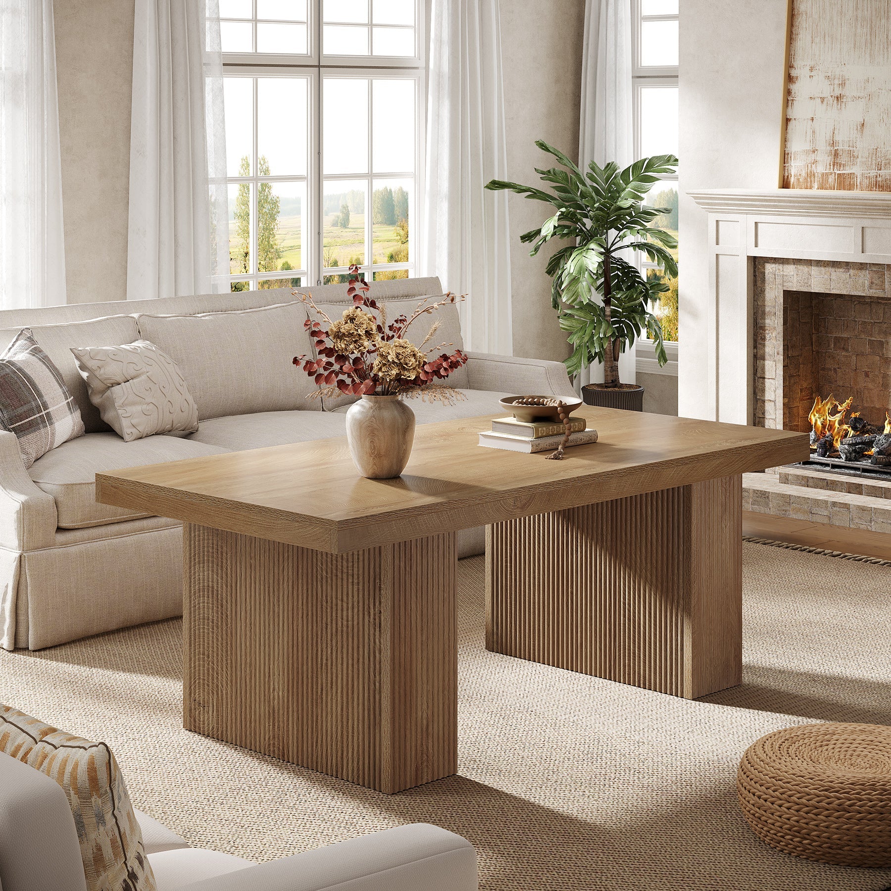 47.2" Wooden Coffee Table, Rectangle Center Table with Thick Base