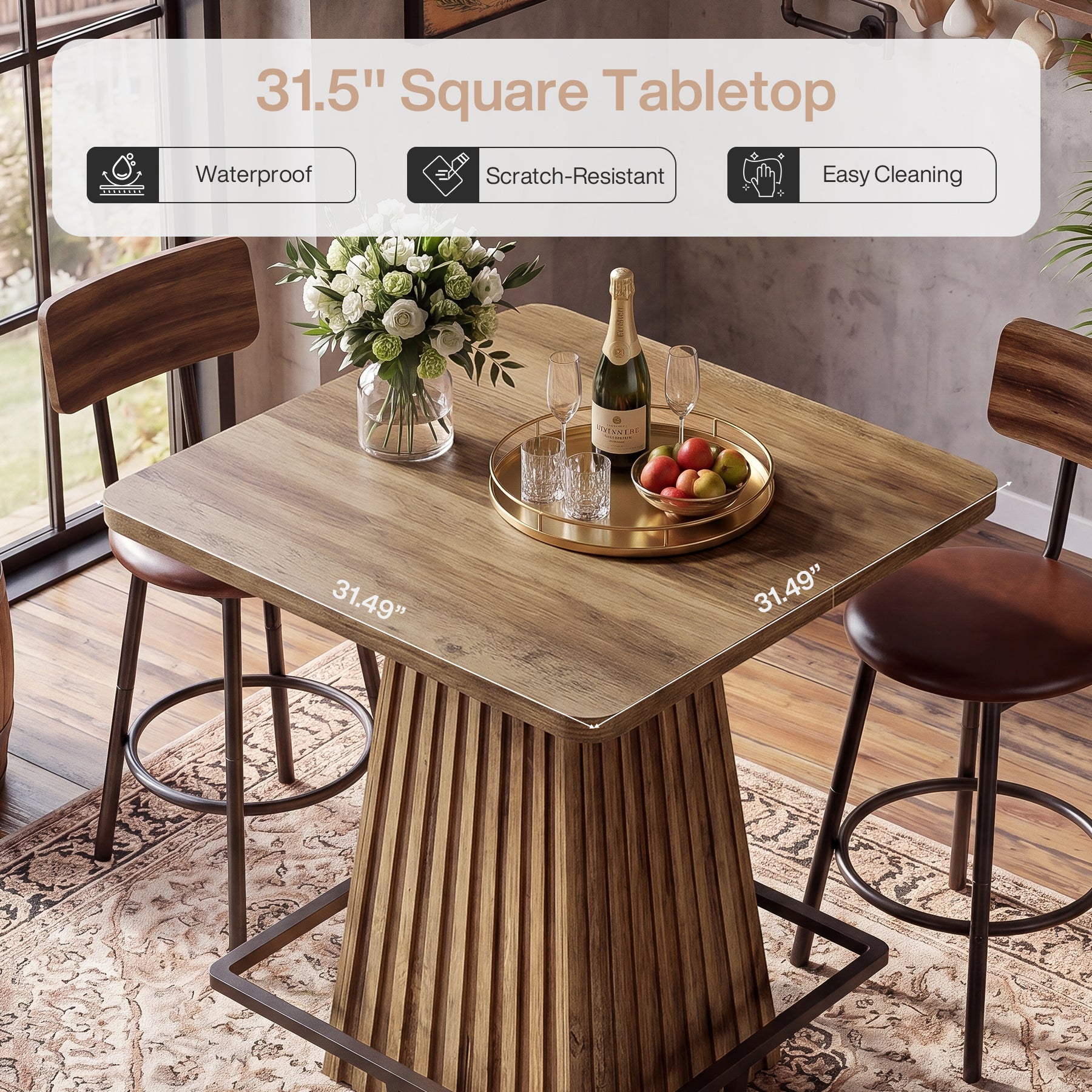 37.4" Square Bar Table, Farmhouse Counter Height Pub Table with Metal Footrest