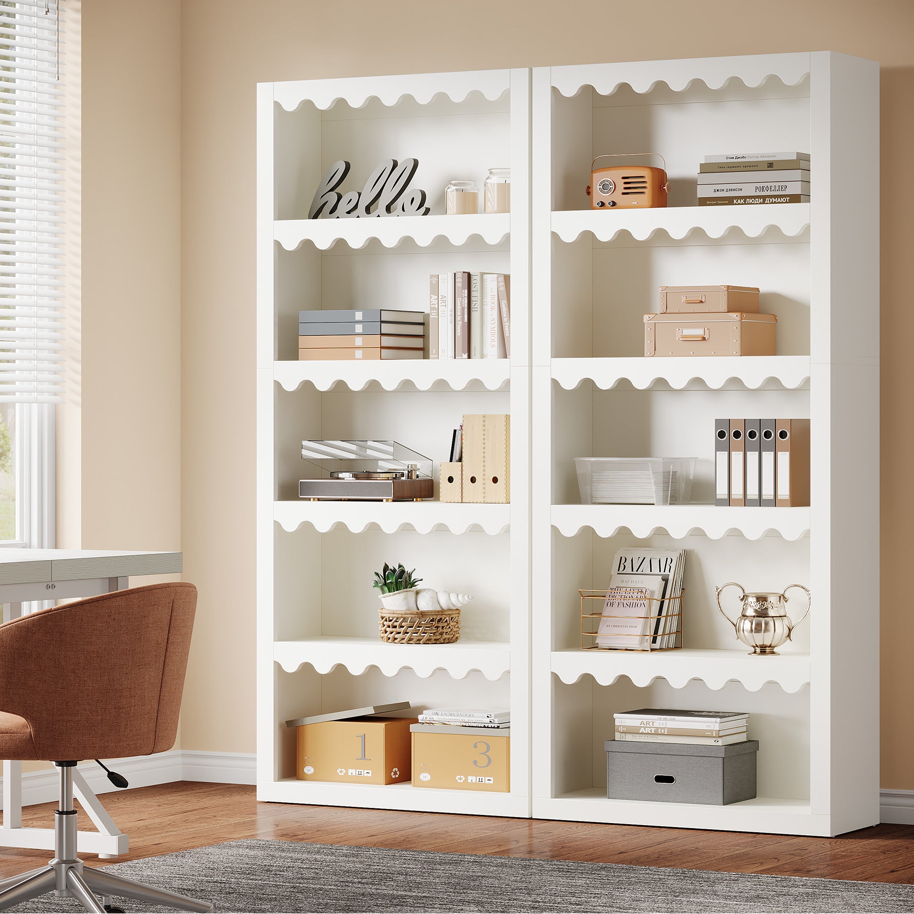 70" Tall 5-Tier White Bookcase, Open Bookshelf with Scalloped Edges