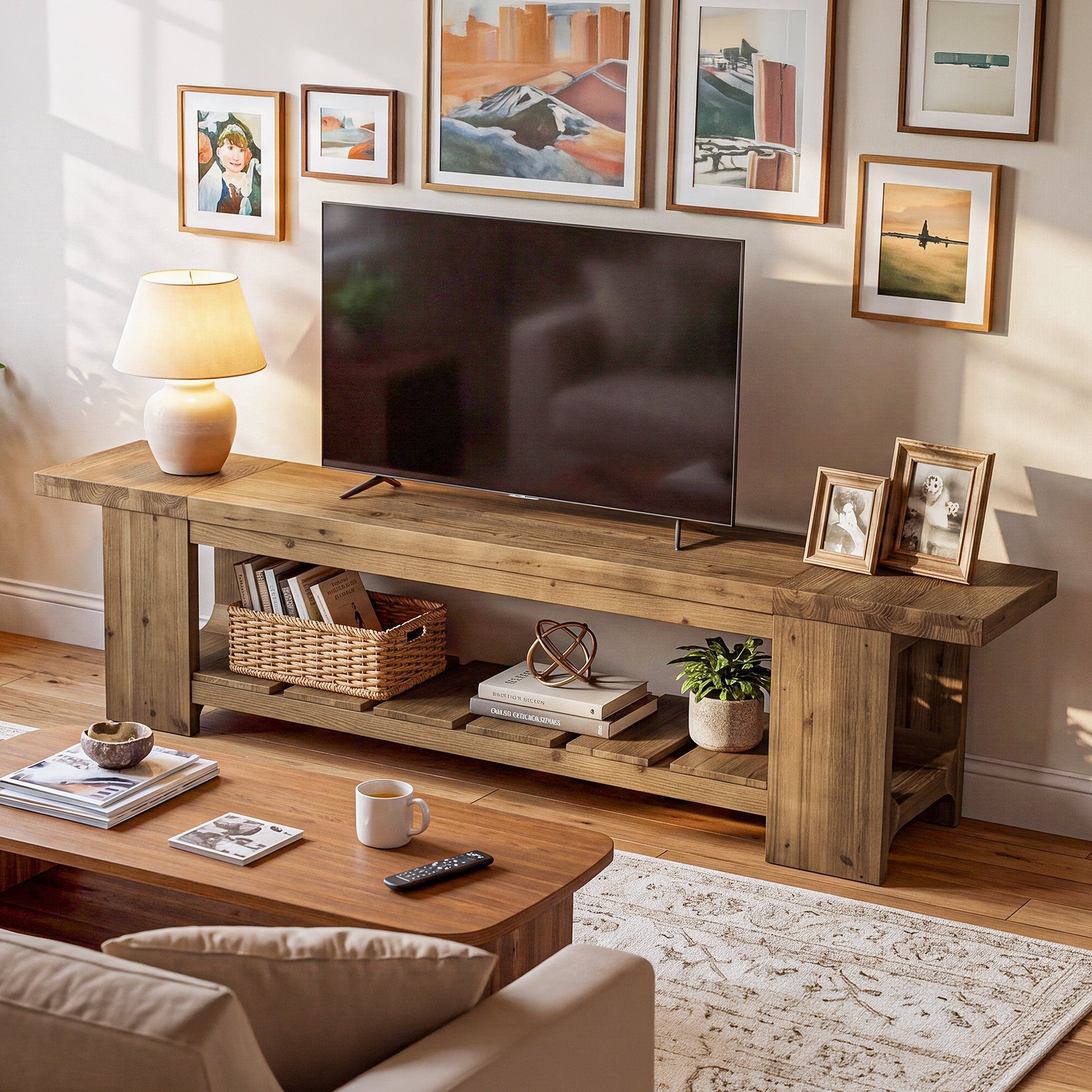 70.9" Solid Wood TV Stand, Media Console with with Lower Storage Shelf for Living Room
