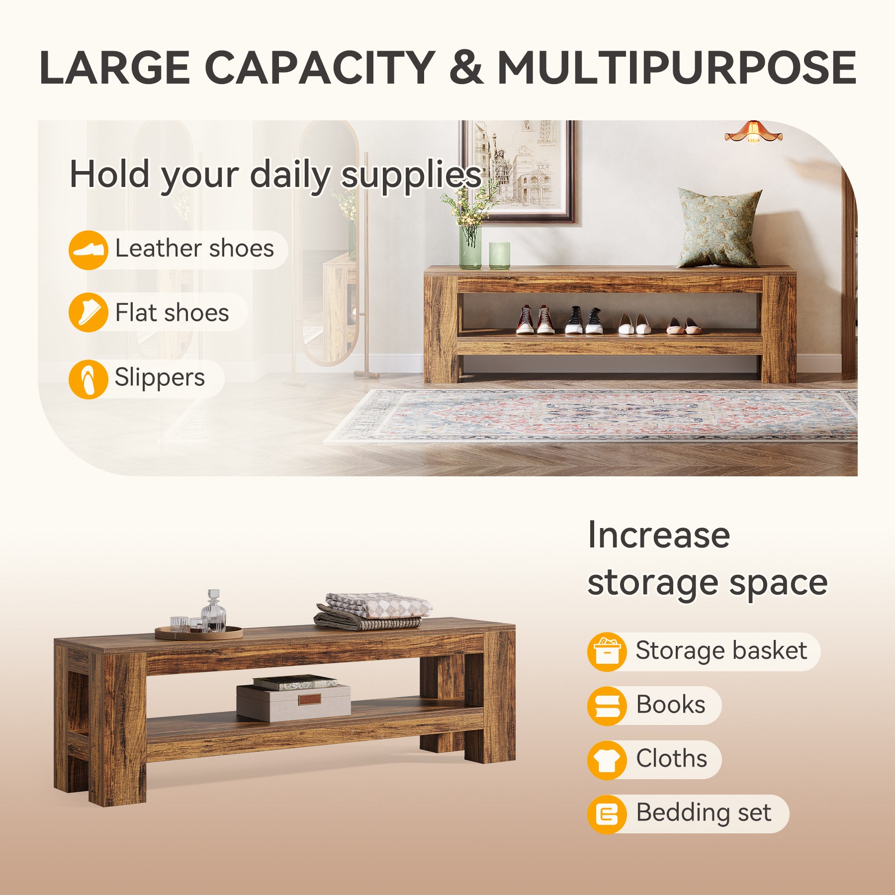 59" Entryway Bench, Farmhouse Indoor Console Shoe Bench End of Bed Table