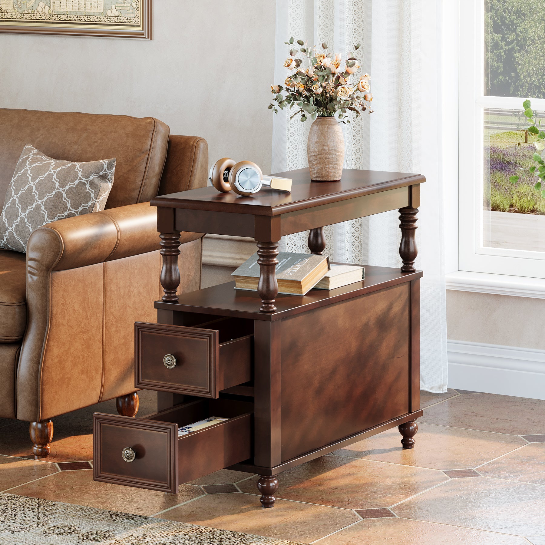 23.6" End Table, Solid Wood Accent Nightstand Bedside Table with Double Drawer