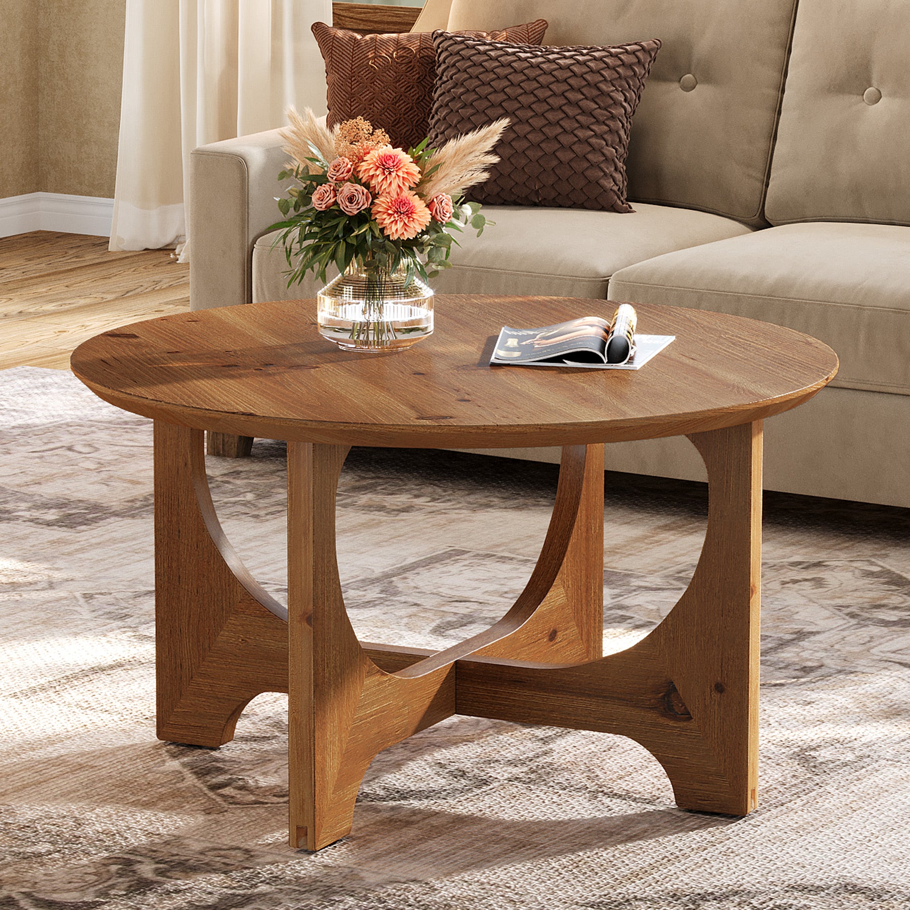 Solid Wood Coffee Table, 31.5" Round Center Table for Living Room