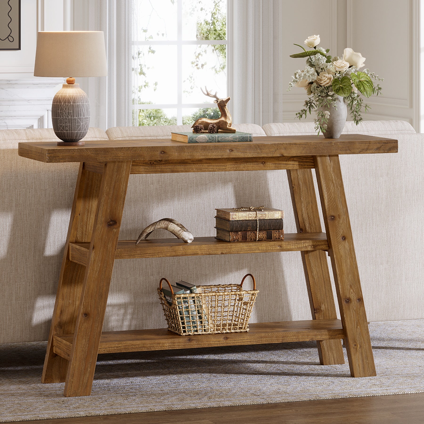 Solid Wood Console Table, 47.24" Farmhouse Entryway Table with 3-Tier Shelves