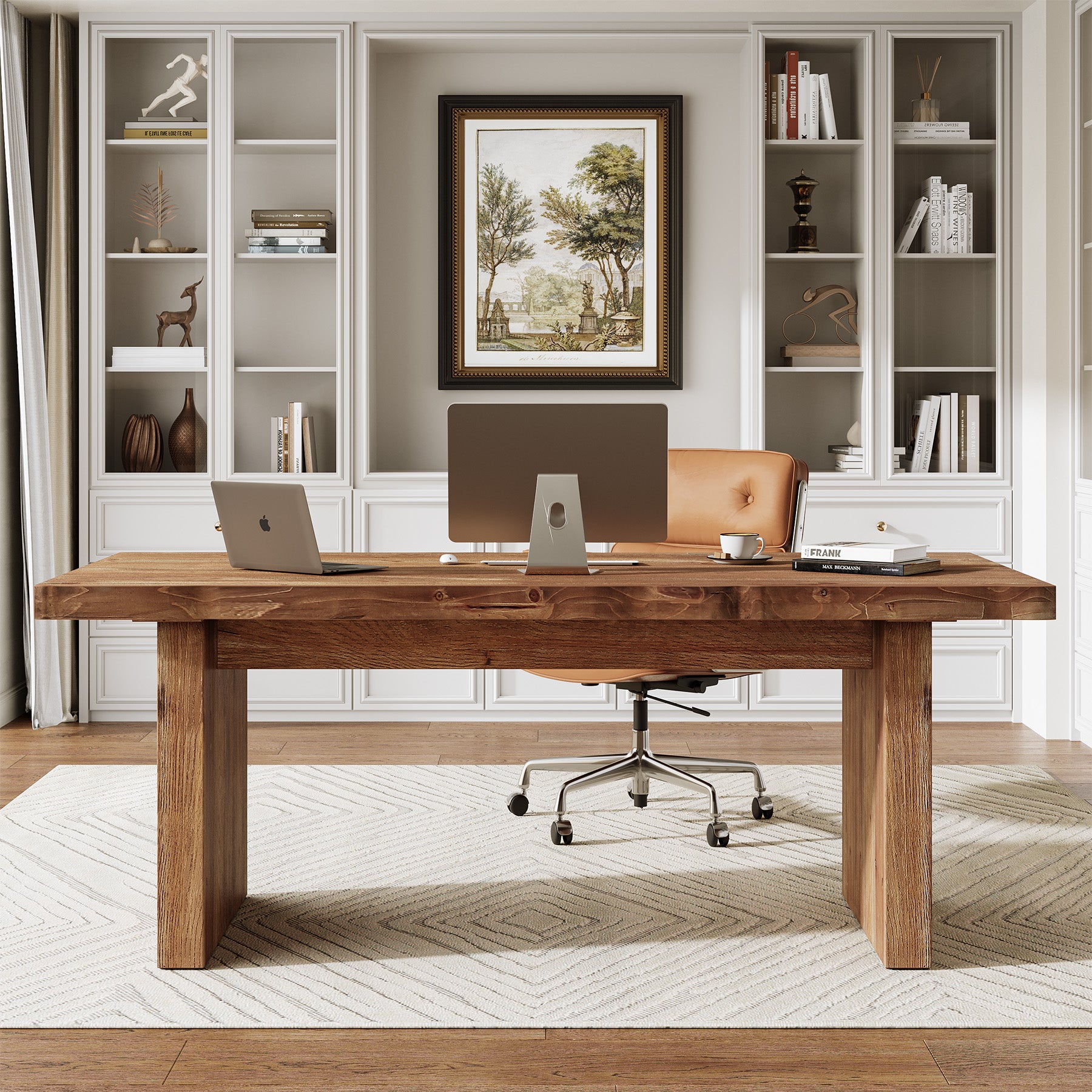 63" Solid Wood Executive Desk, Farmhouse Office Desk, Large Computer Table for Home Office