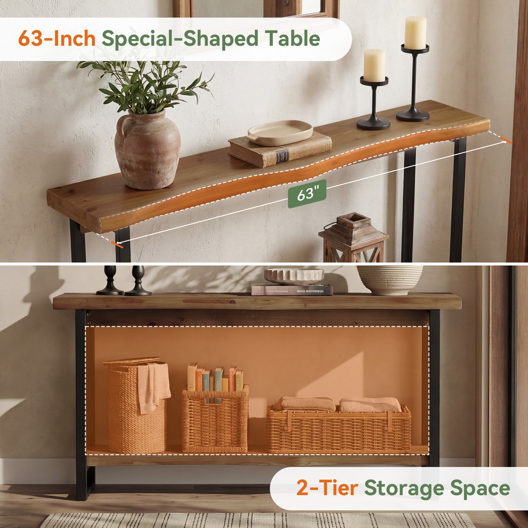 63" Solid Wood Live-Edge Console Table with Metal Legs – Narrow Farmhouse Sofa Table