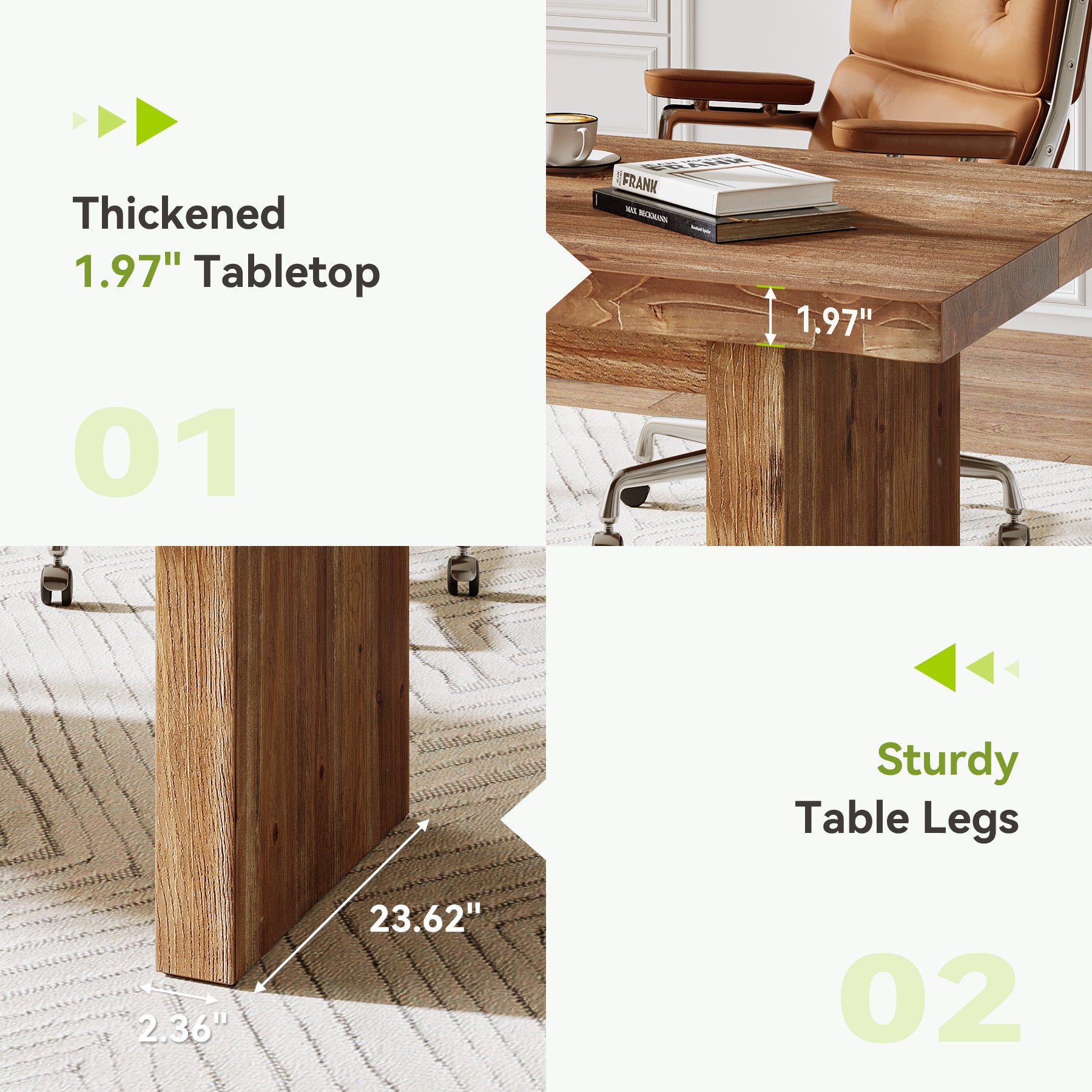 63" Solid Wood Executive Desk, Farmhouse Office Desk, Large Computer Table for Home Office