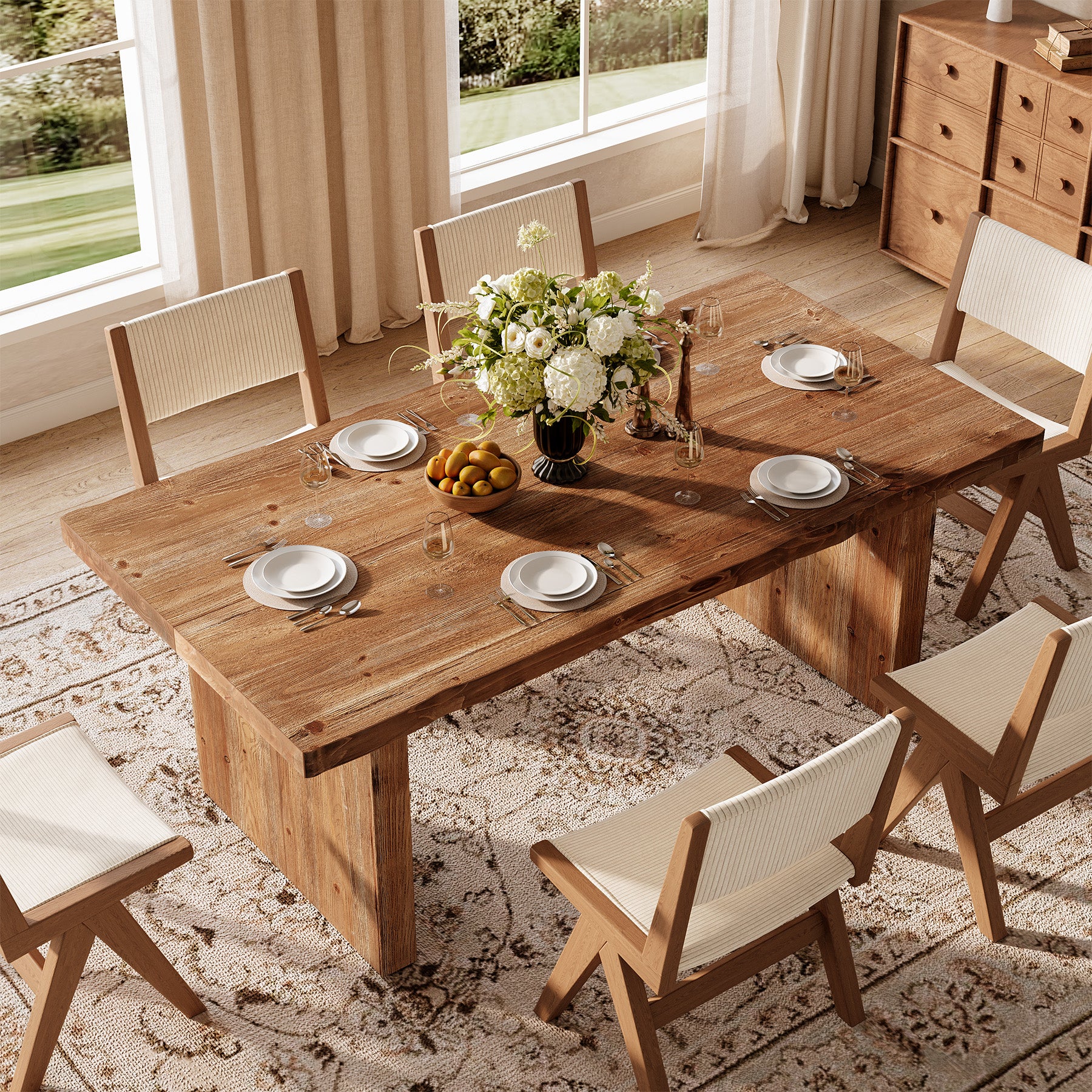 63" Solid Wood Dining Table for 4-6, Farmhouse Rectangular Kitchen Table with Thick Wood Top