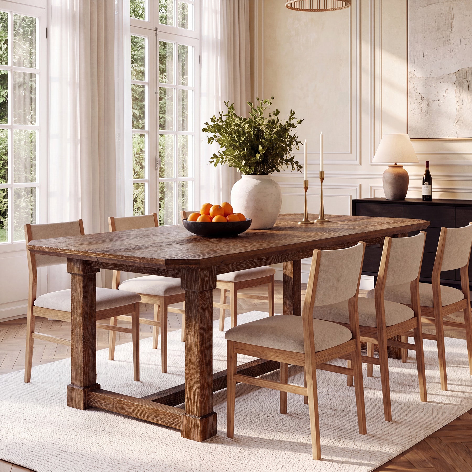 63" Solid Wood Dining Table for 4–6, Farmhouse Rectangular Kitchen Table with Heavy-Duty Legs & Crossbar Support