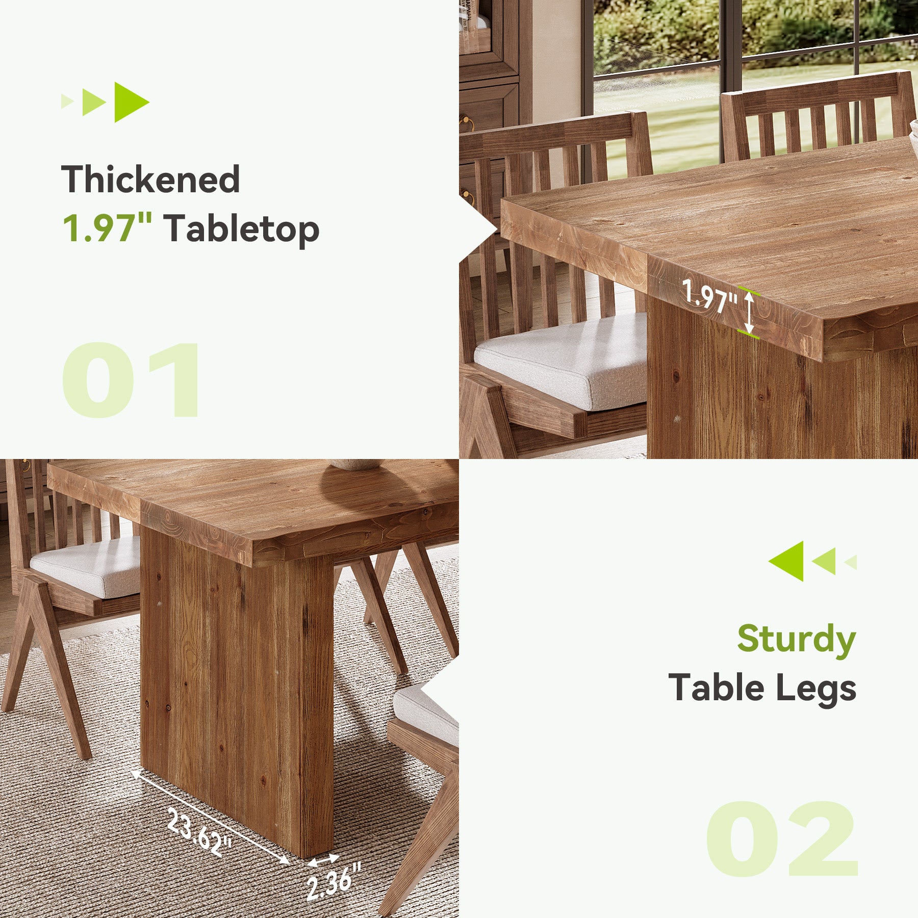 63" Solid Wood Dining Table for 4-6, Farmhouse Rectangular Kitchen Table with Thick Wood Top