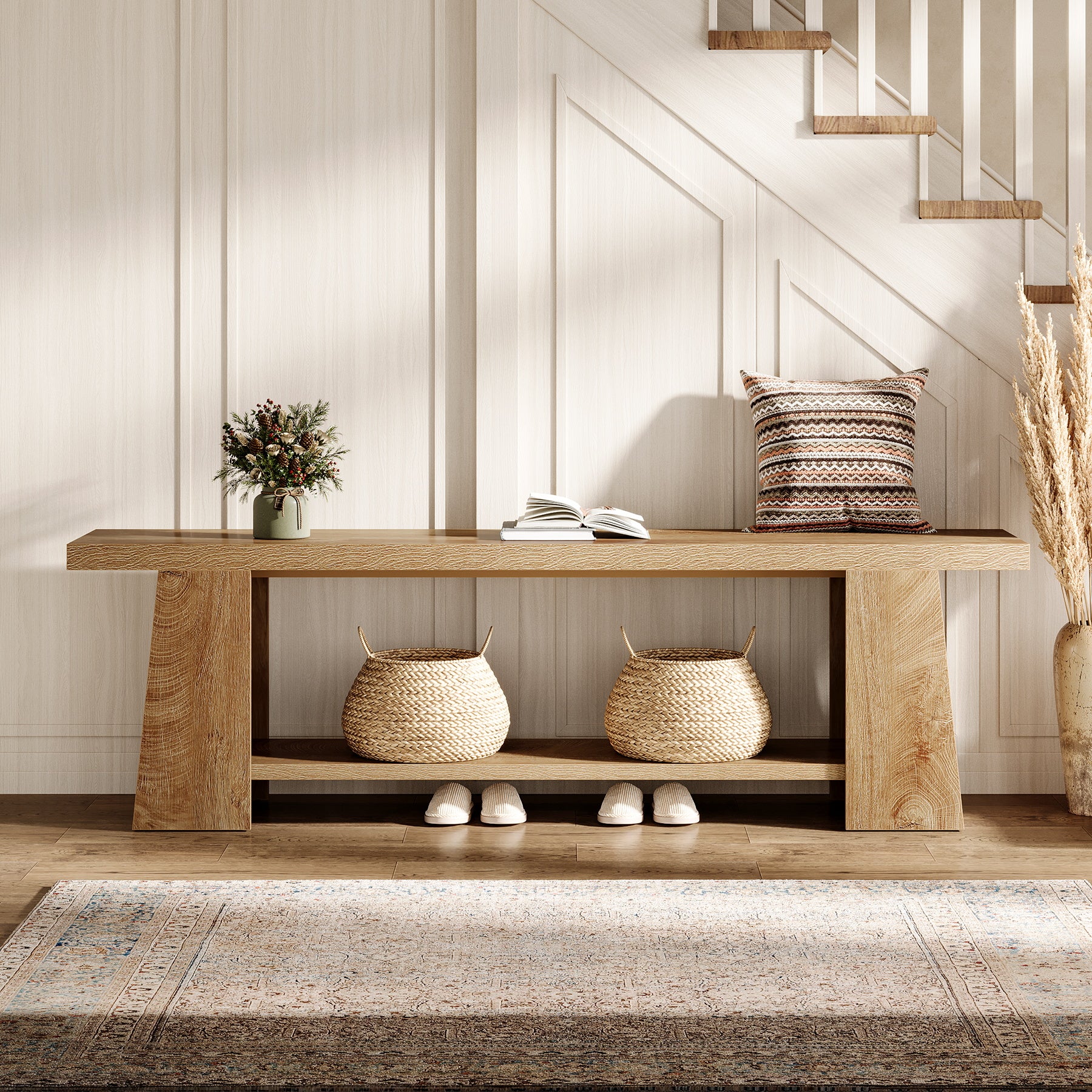 2-Tier Entryway Bench, 59" Shoe Bench End of Bed Bench with Storage Shelves