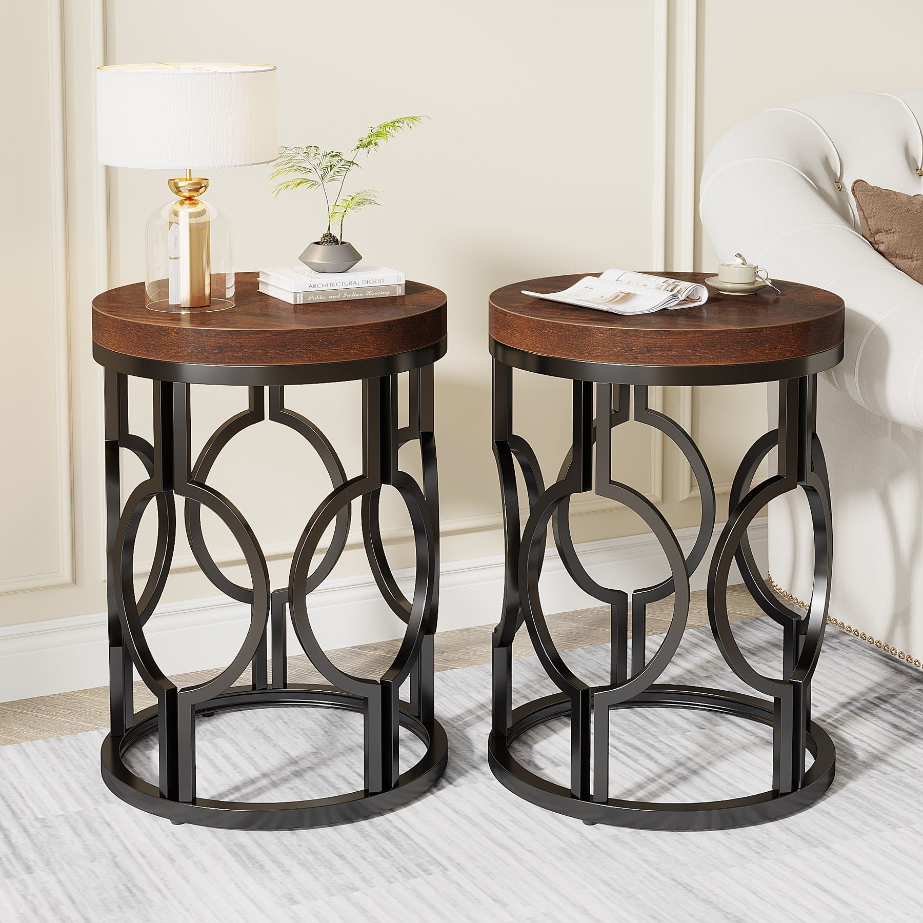 Round End Table, Industrial Side Table with Metal Hollow Frame Tribesigns