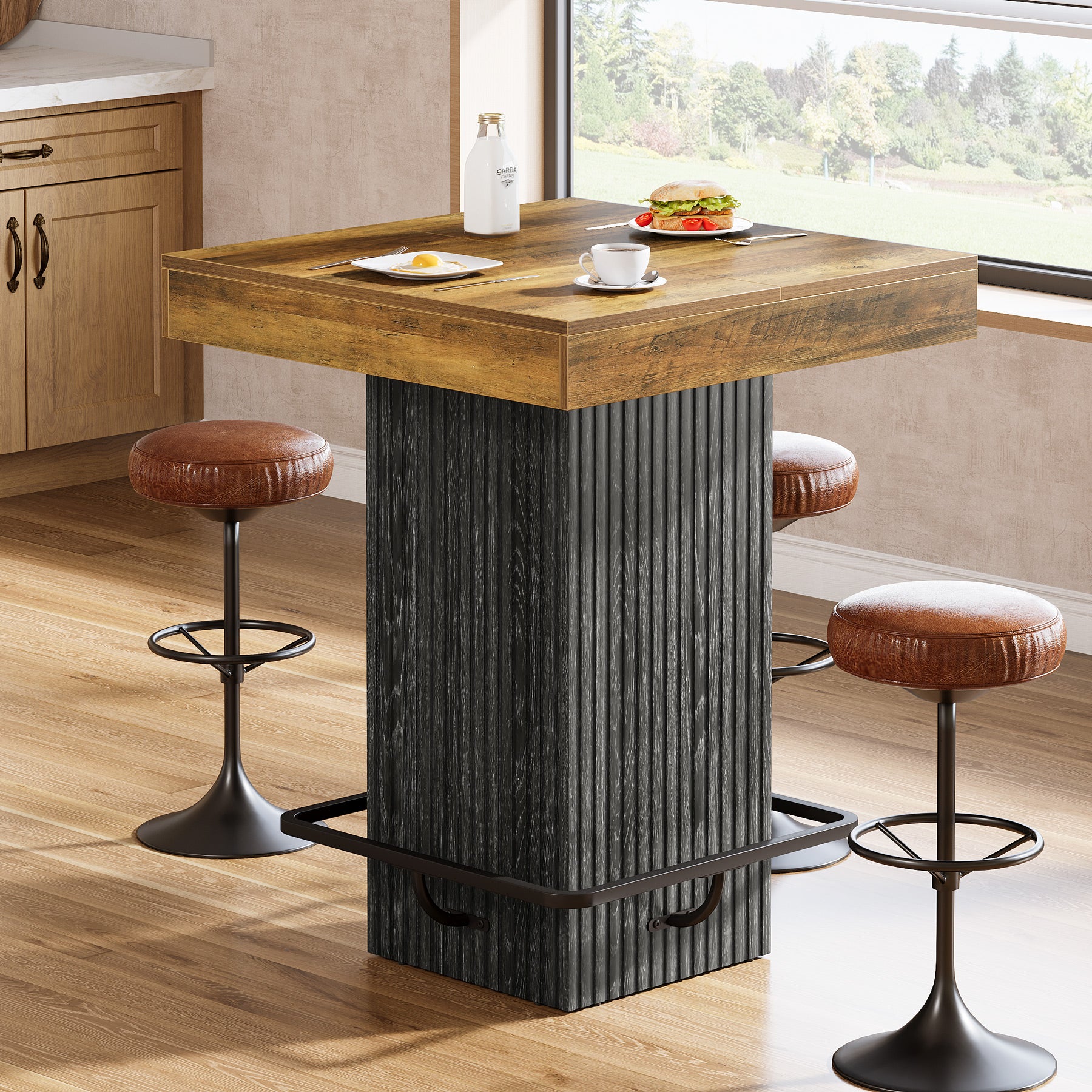 31.5" Bar Table, Square Dining Table Counter Height Table with Metal Footrest