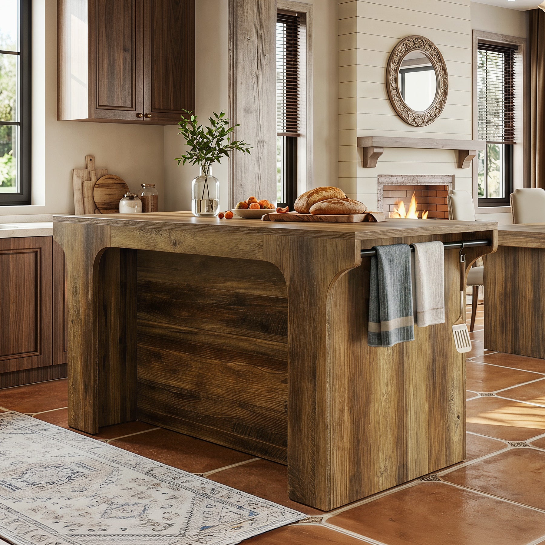 55" Wooden Kitchen Island, Stationary Dinner Prep Station with 2 Shelves