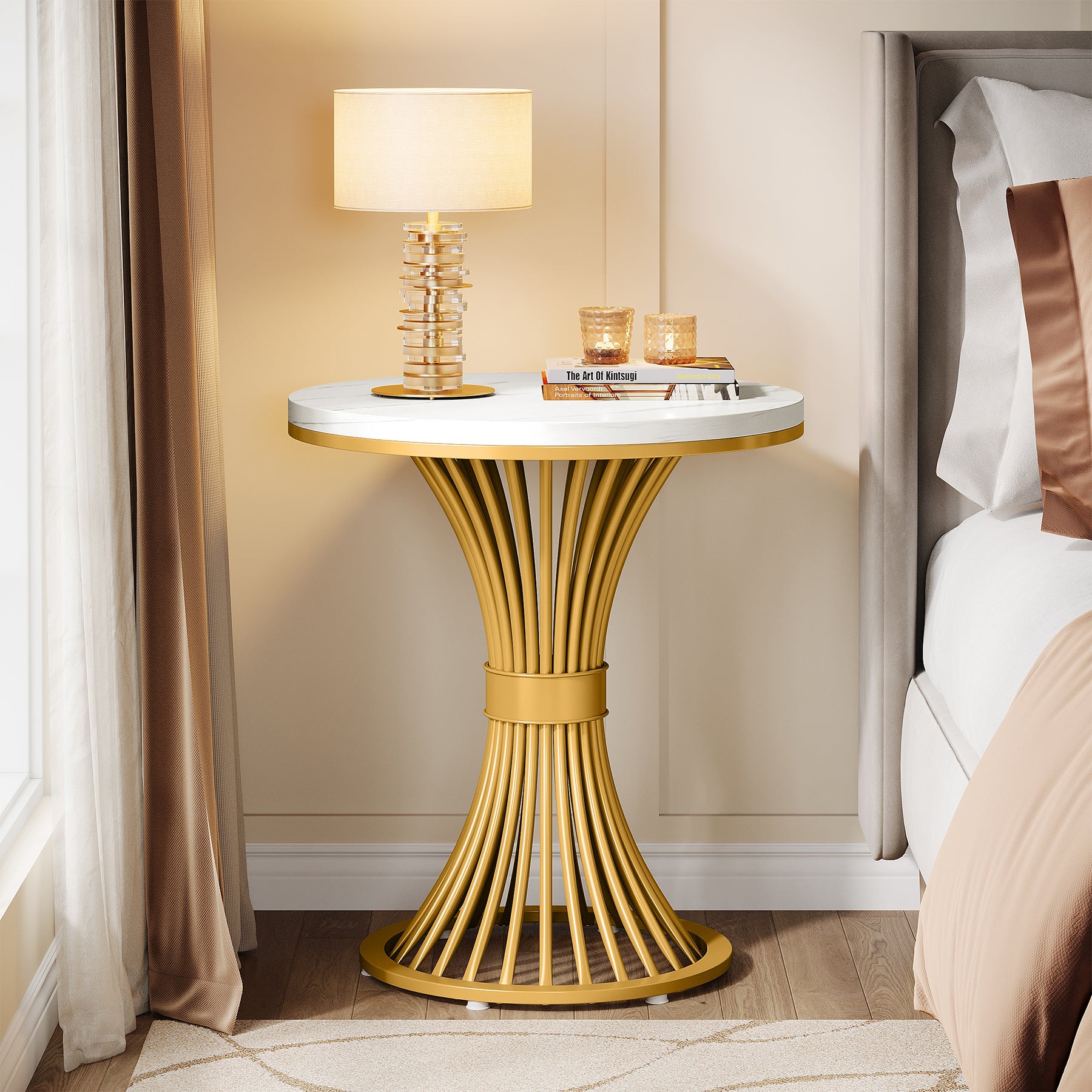 Tribesigns Set of 2 Round End Tables, Modern Faux Marble with Gold Base