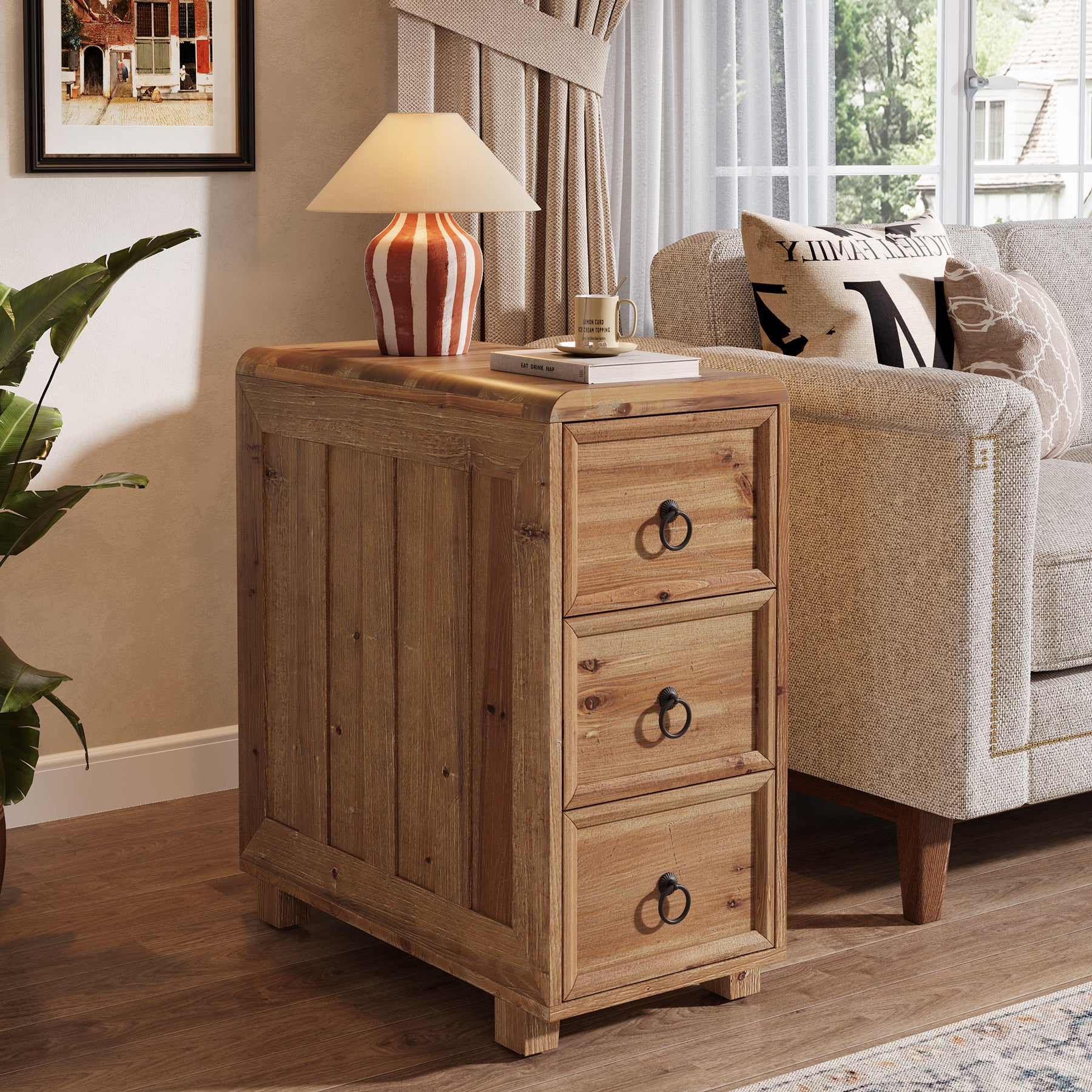 Solid Wood End Table, Narrow Side Table Nightstand with 3 Drawers