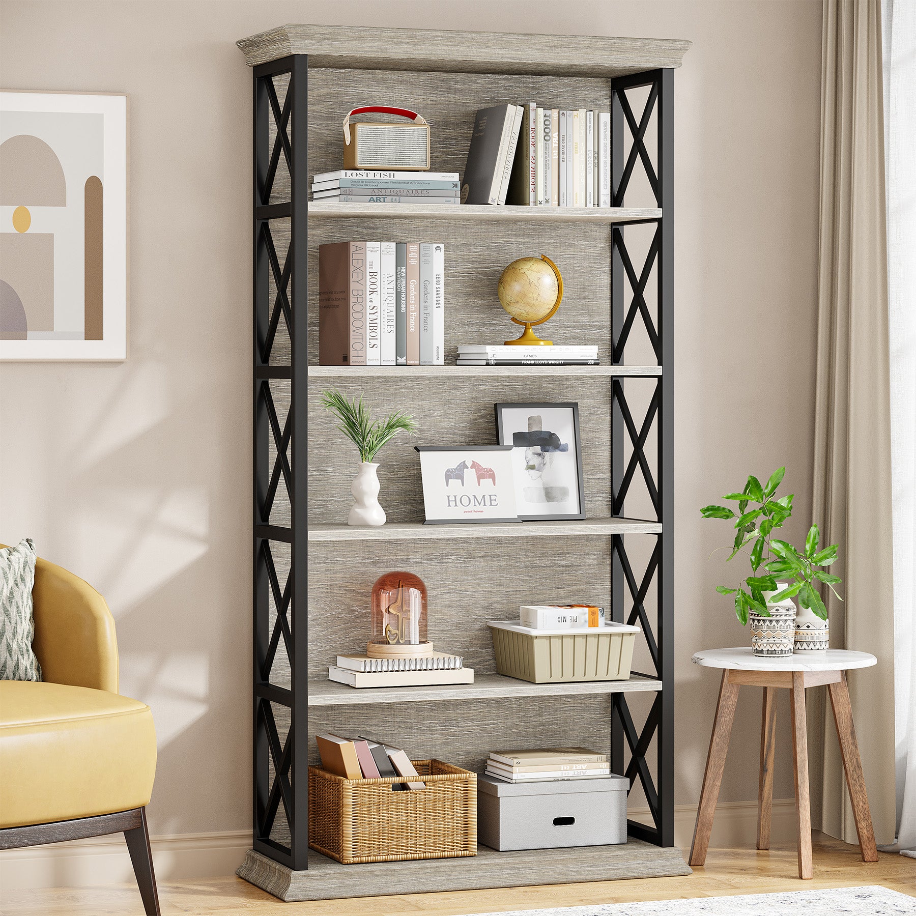 6 - Tier Bookshelf, 70.87" Etagere Metal and Wooden Bookcase for Home Office Tribesigns