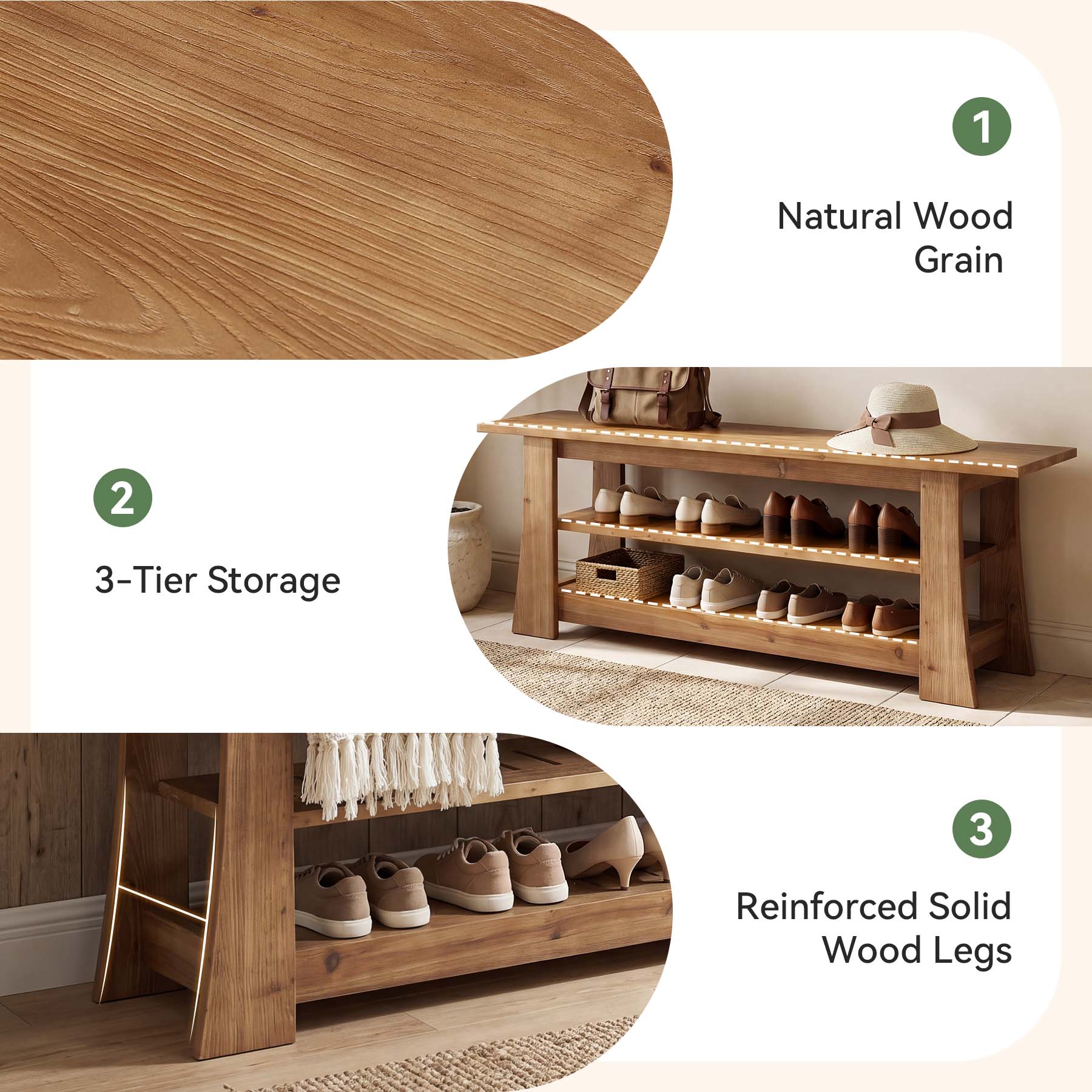 63-Inch Solid Wood Shoe Bench, Farmhouse Indoor Entryway Bench with 3-Tier Storage