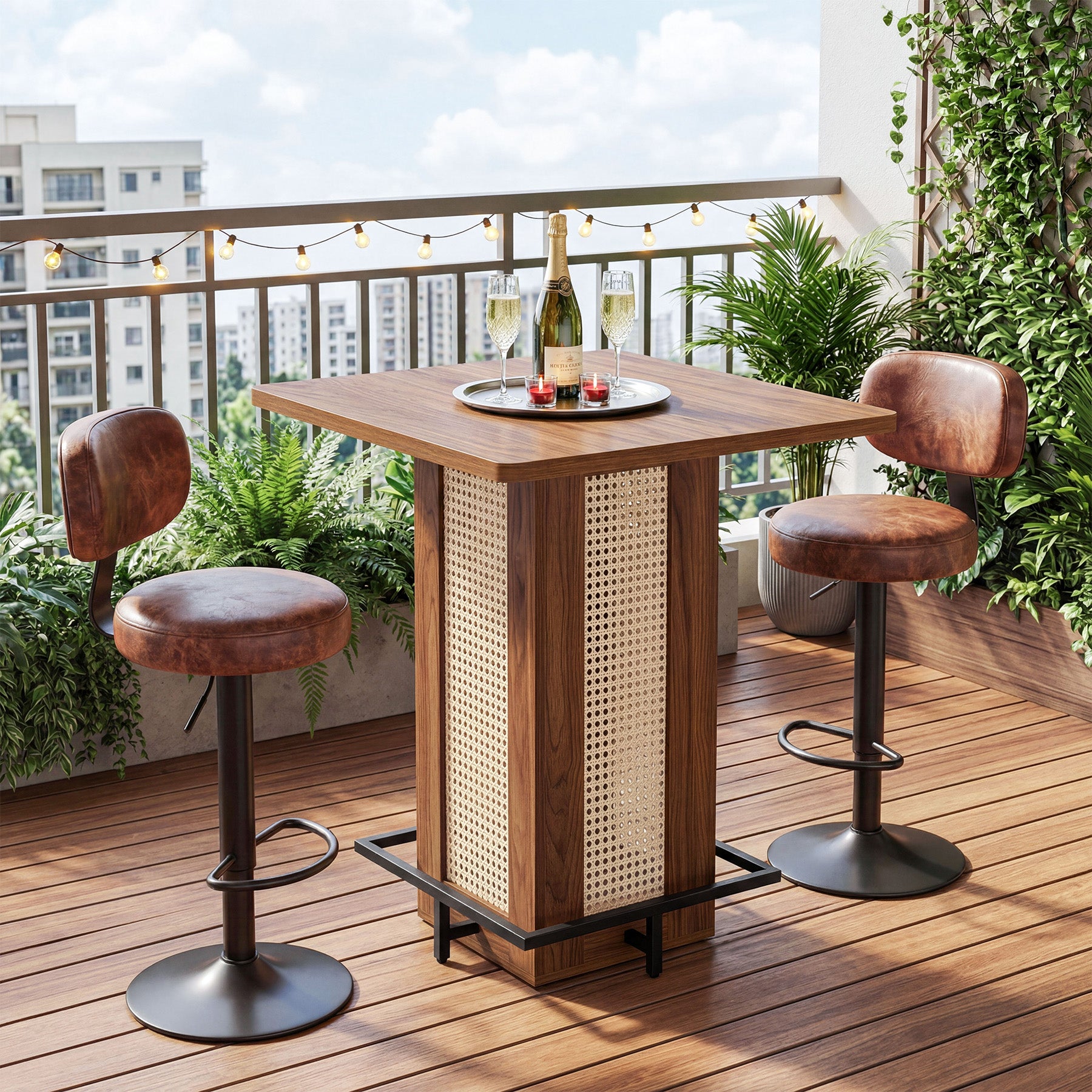 31.5" Square Bar Table, Rattan Pub Table with Footrest for Kitchen Breakfast Nook