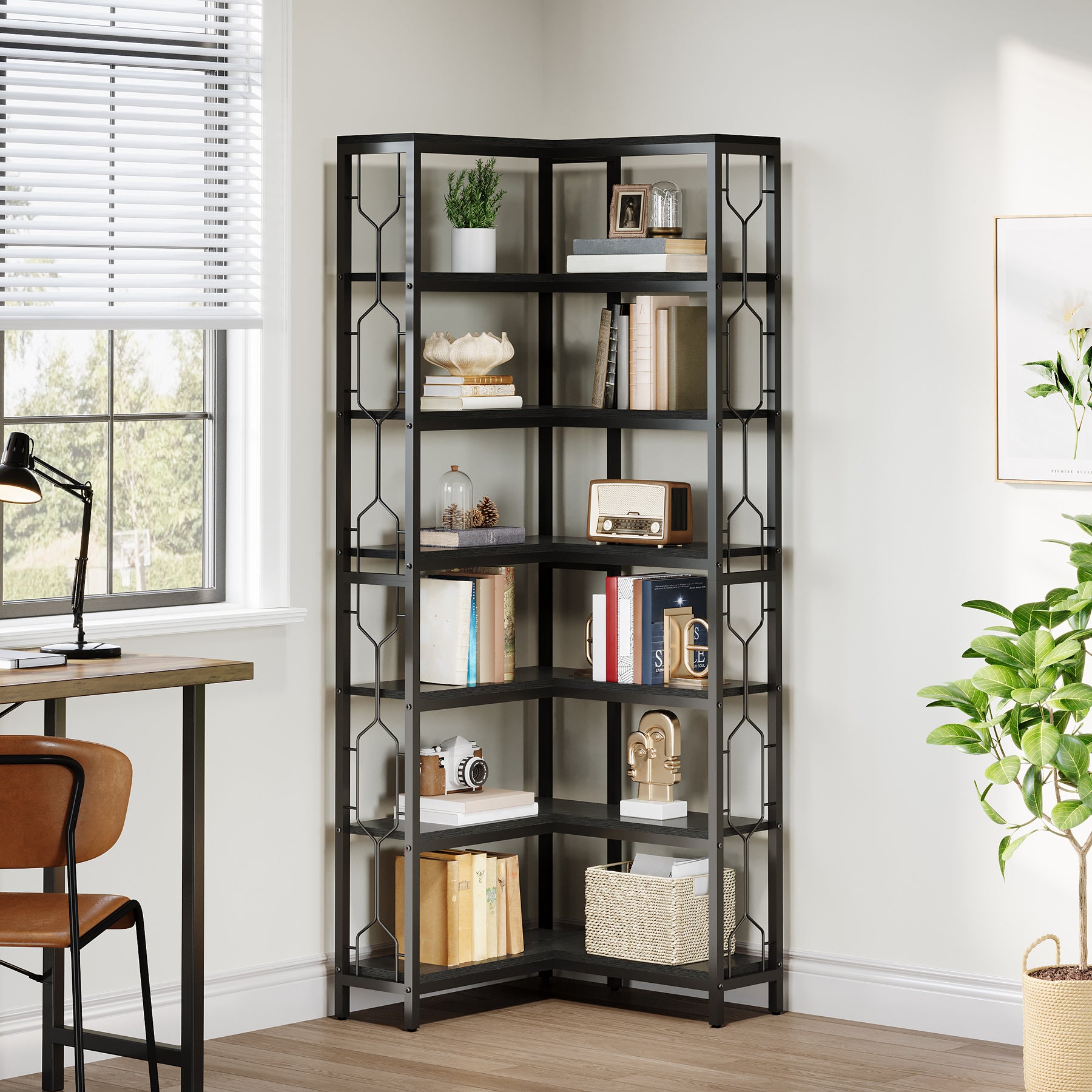 7-Tier Corner Bookshelf, Industrial Corner Etagere Bookcase