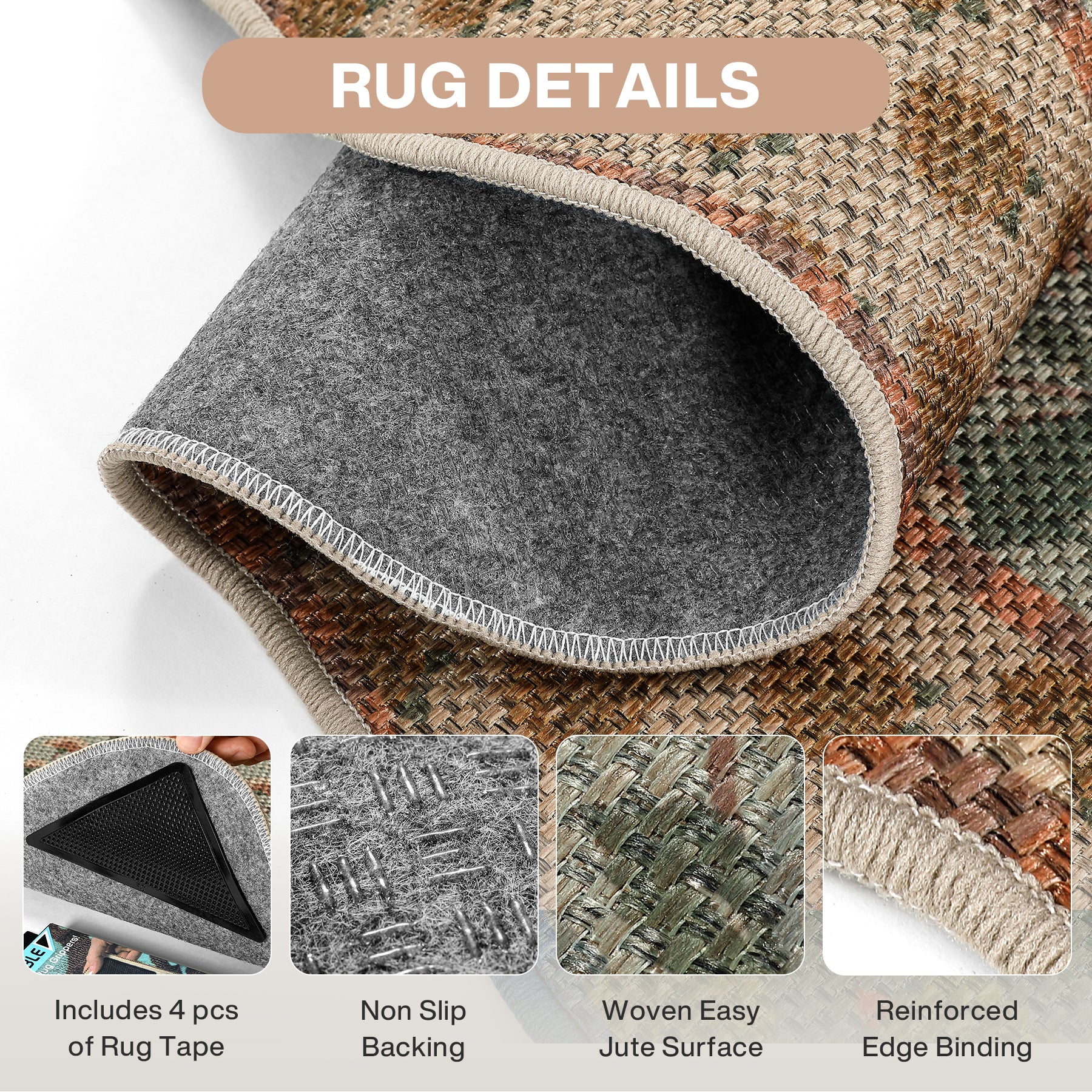 2x6/3x5 Scalloped Floral Easy Jute Washable Area Rug, Farmhouse Soft Low Pile Carpet for Hallway & Entryway, Oeko-Tex Certified