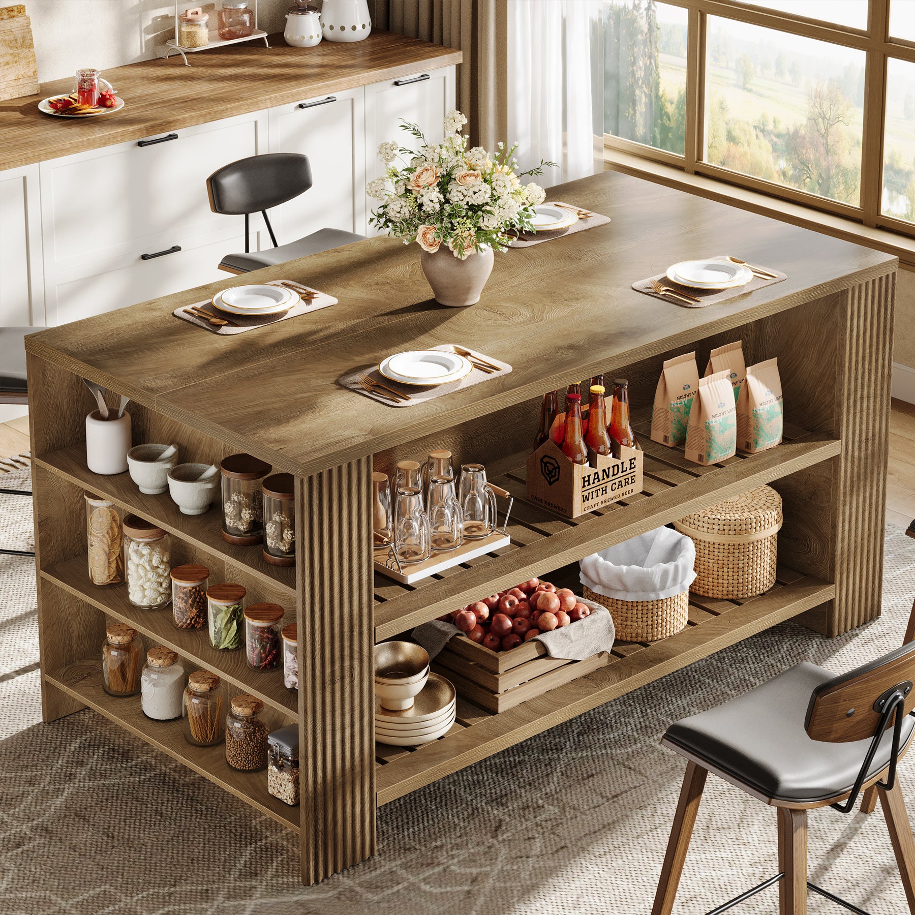 59" Kitchen Island, Large Storage Islands Coffee Unit with Shelves