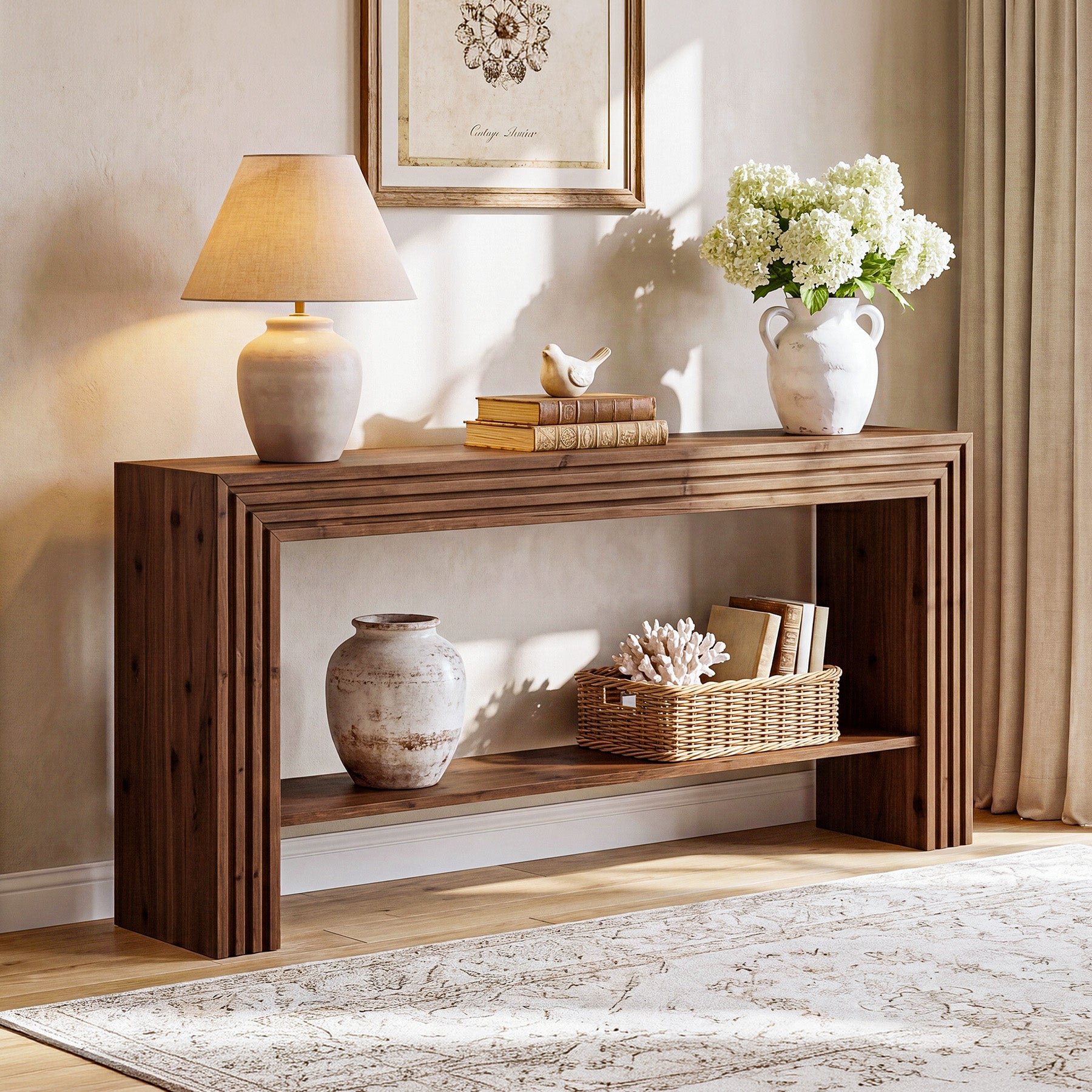 63" Solid Wood Farmhouse Console Table, Entryway & Sofa Table with Storage Shelf