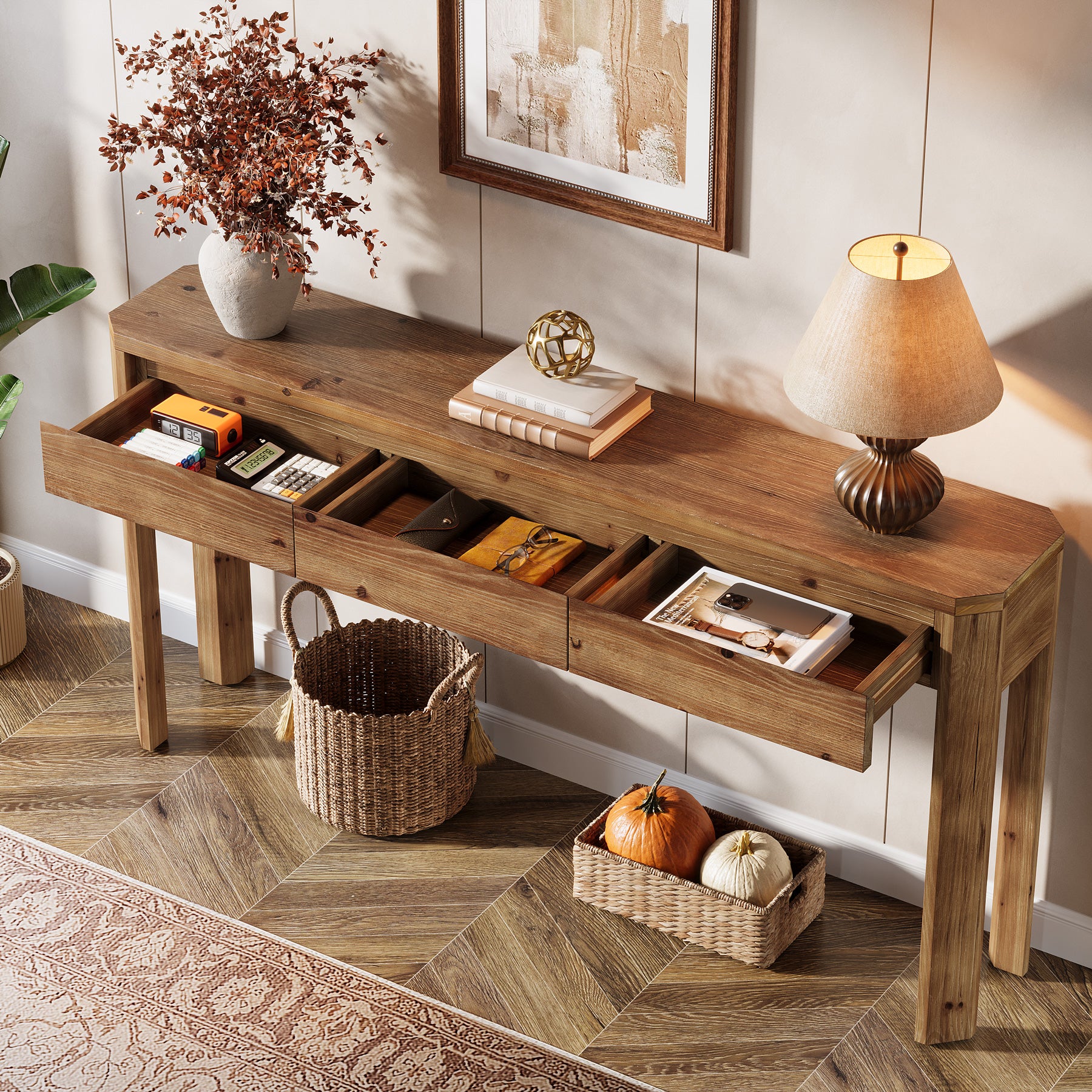 63" Solid Wood Console Table, Farmhouse Entryway Table with 3 Drawers