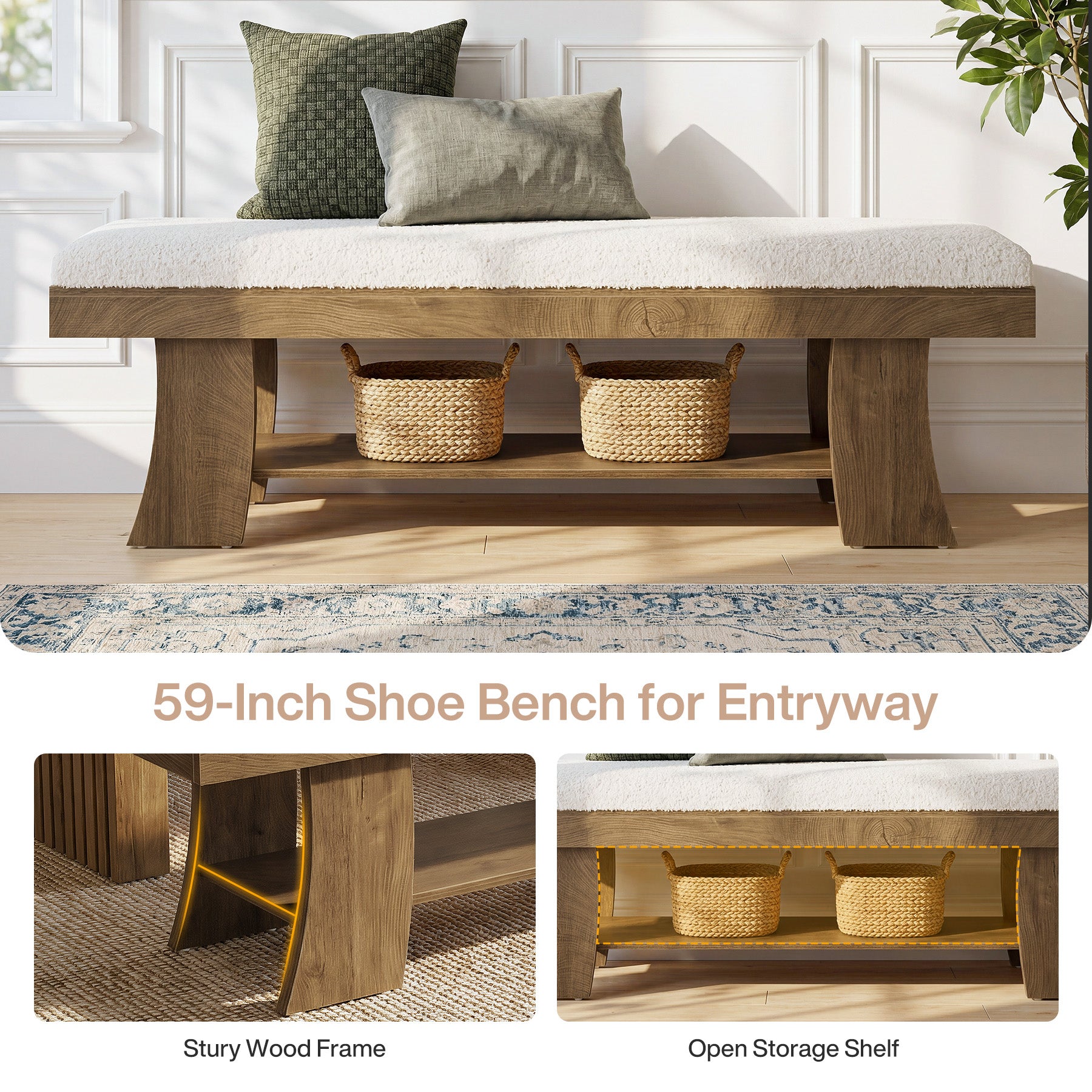 59" Upholstered Entryway Bench, Cushioned Shoe Bench Seat with Storage Shelf