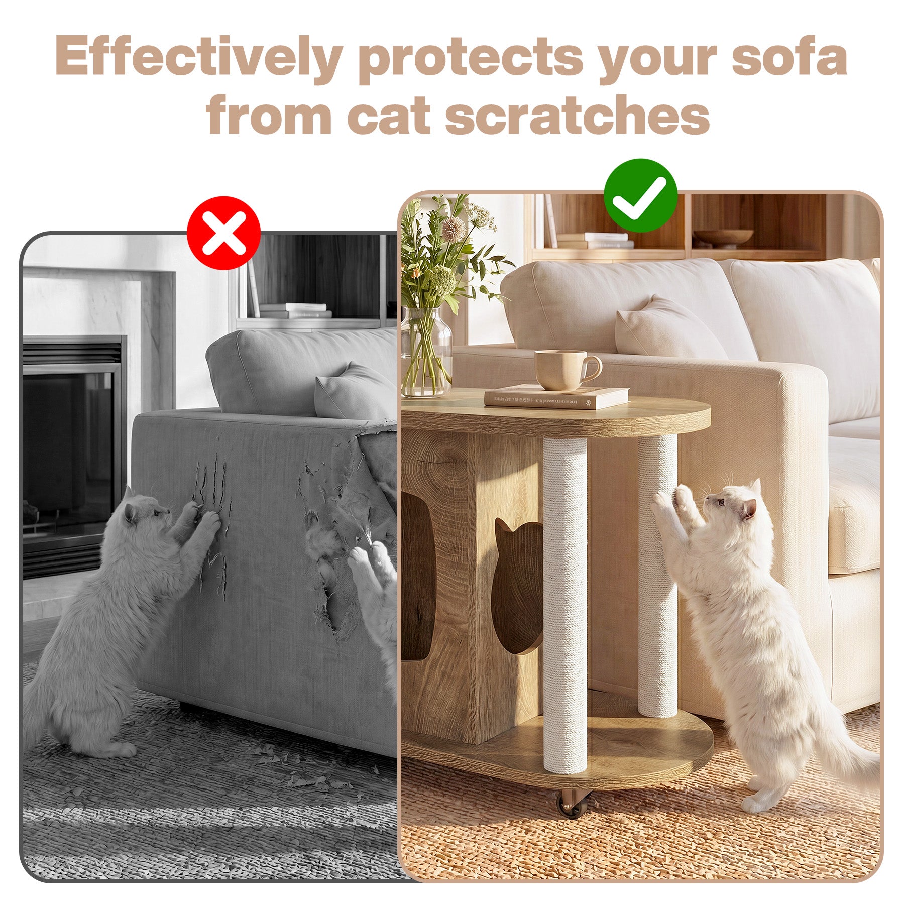 Rolling Sofa Side Table, End Table with Scratching Posts and Cat Bed
