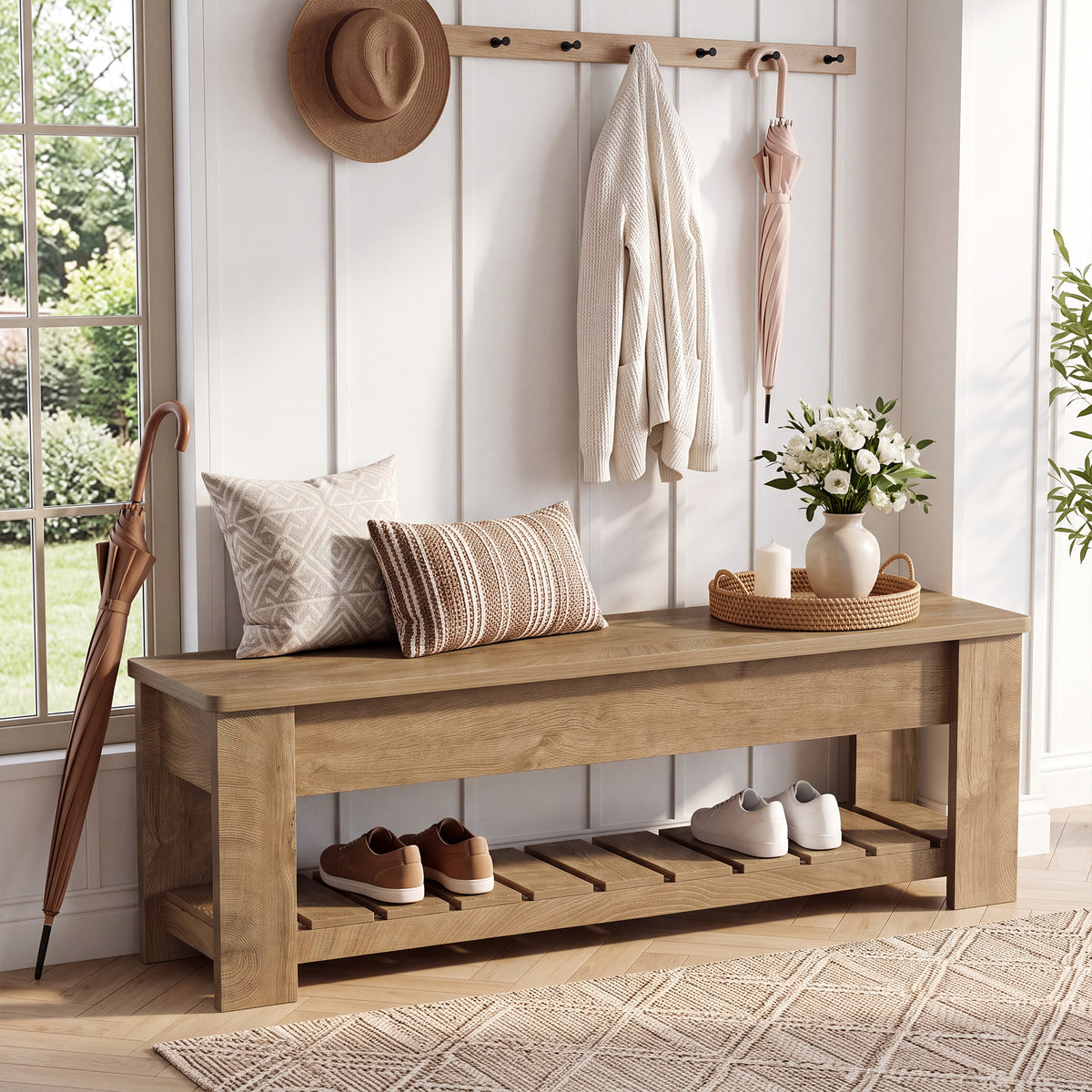 55.12" Lift Top Entryway Bench with Shoe Rack and Hidden Storage