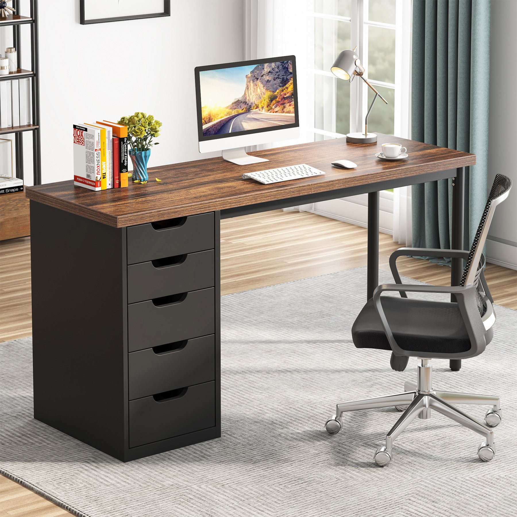 47" Computer Desk with 5 Drawers, Compact Storage Home Office Desk