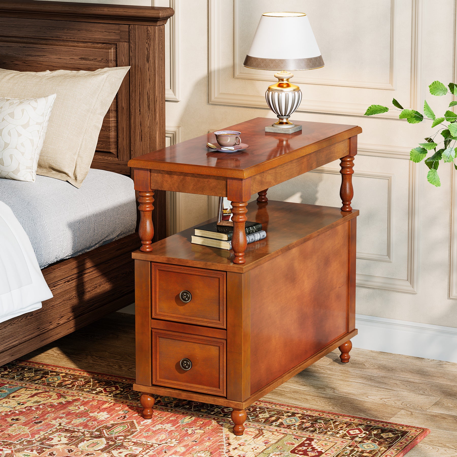 Solid Wood Nightstand with 2 Drawers, Bedside Table with Open Shelf