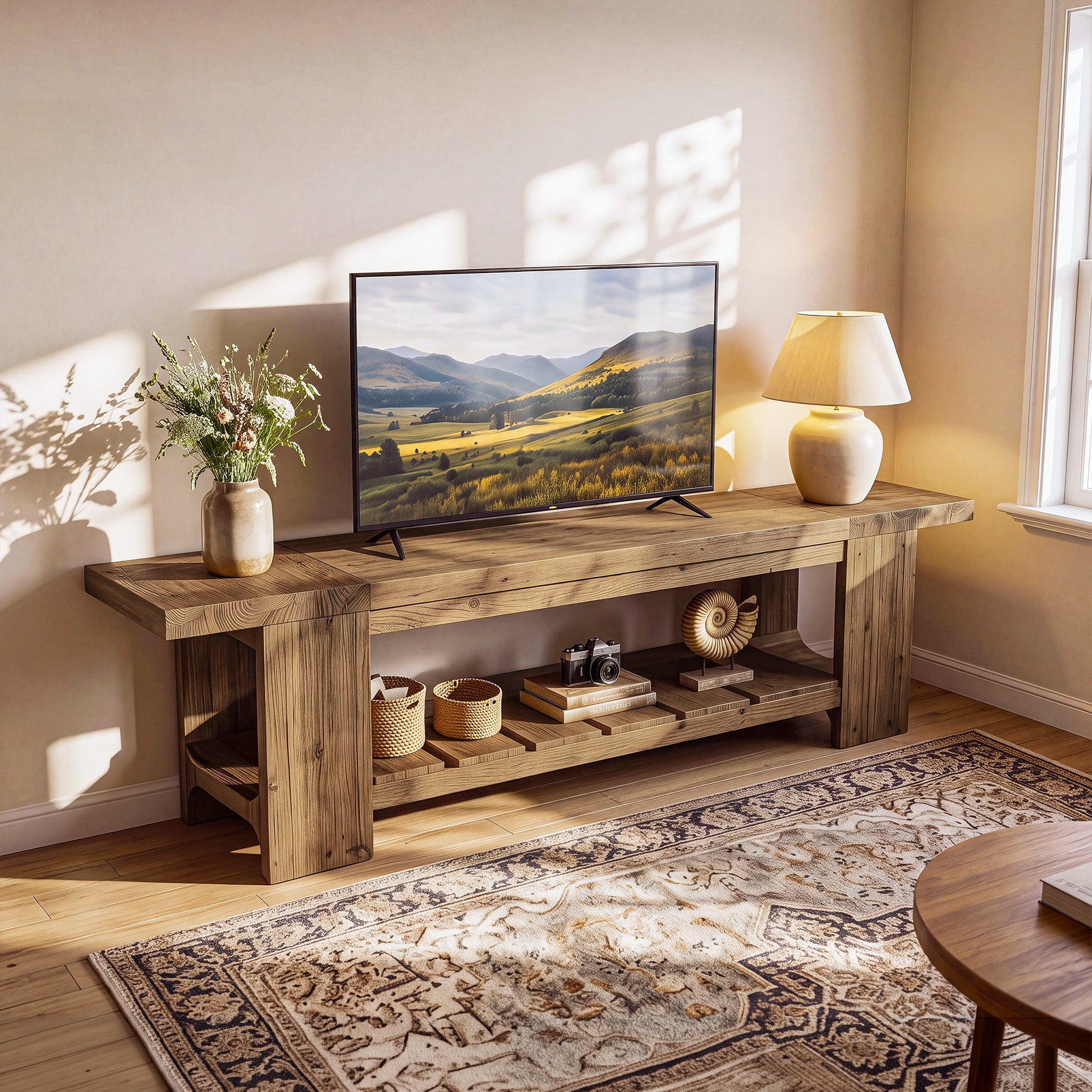 70.9" Solid Wood TV Stand, Media Console with with Lower Storage Shelf for Living Room