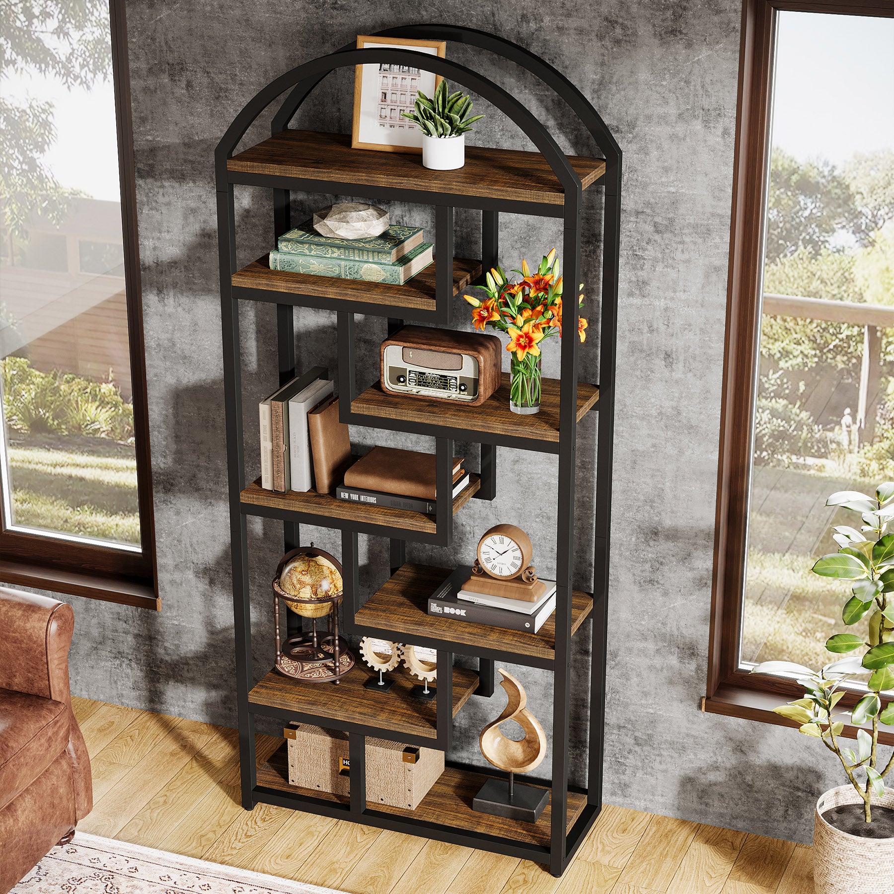 71" Industrial Bookshelf, Arched Bookcase with Open Display Shelves