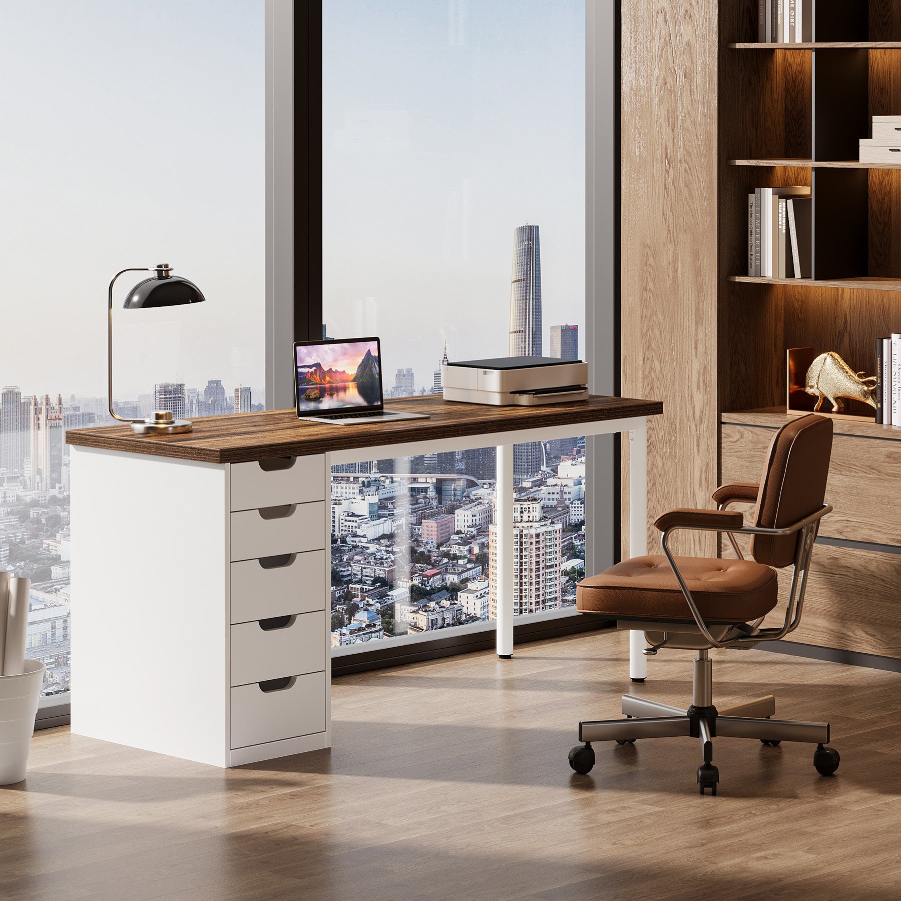 Tribesigns 47" Computer Desk with 5 Reversible Drawers, Rustic Home Office Workstation