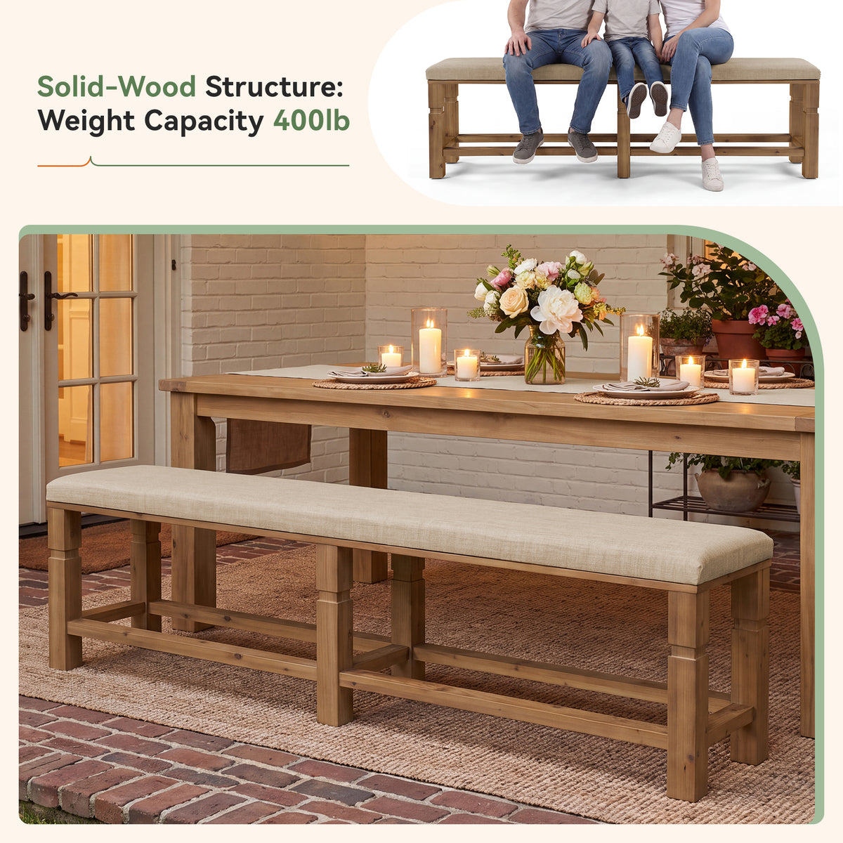 70.87" Upholstered Solid Wood Dining Bench with Linen Fabric Cushion