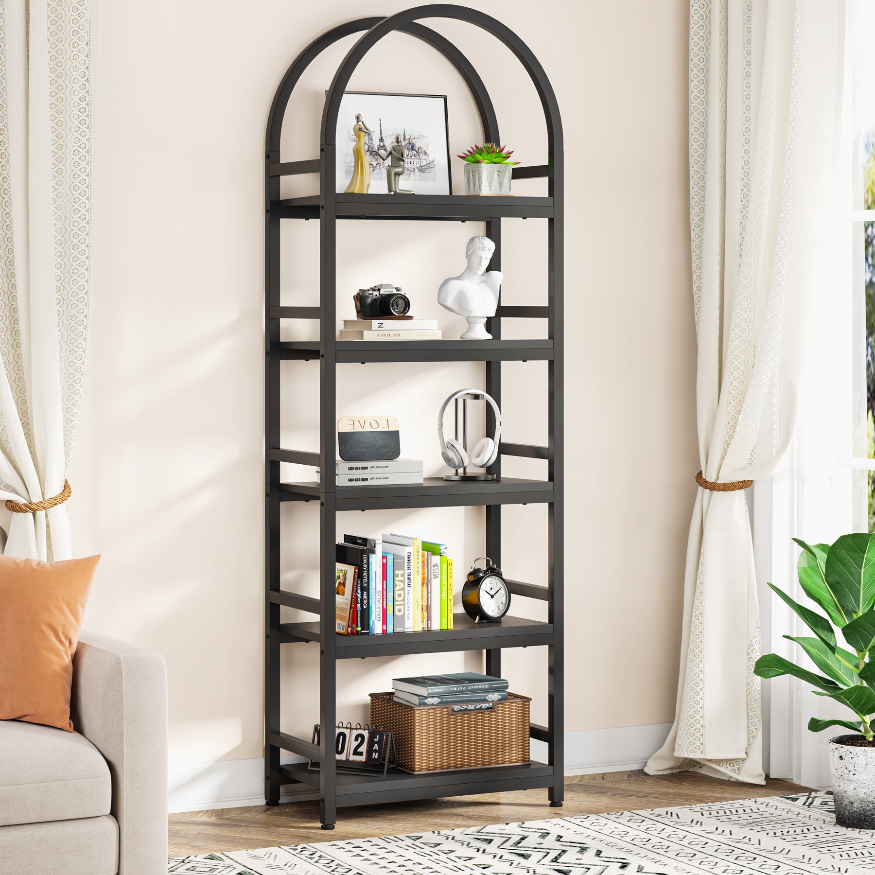 4-Tier / 5-Tier Bookshelf, Arched Bookcase Display Rack with Storage Shelves