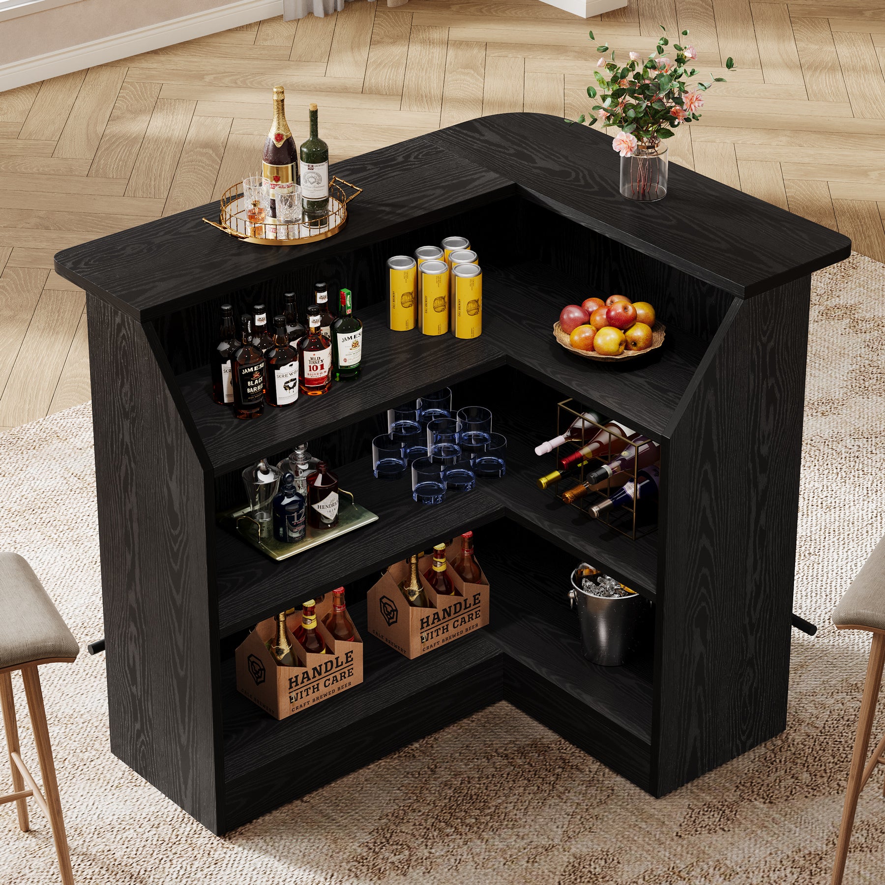 L-Shaped Home Bar Unit, 4-Tier Fluted Bar Table with Storage Shelves