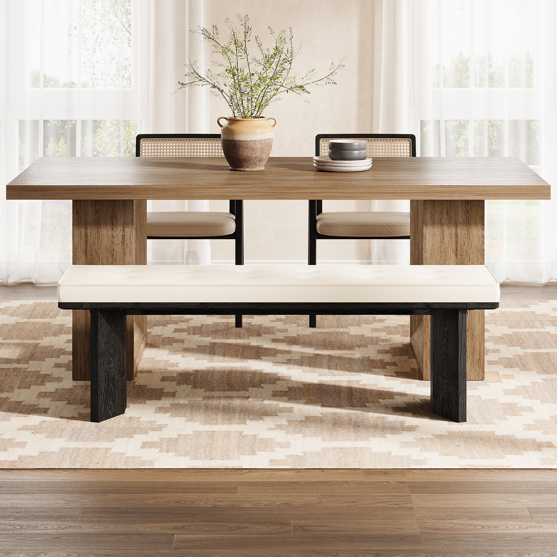 55" Solid Wood Dining Bench with Removable Cushion For Dining Room