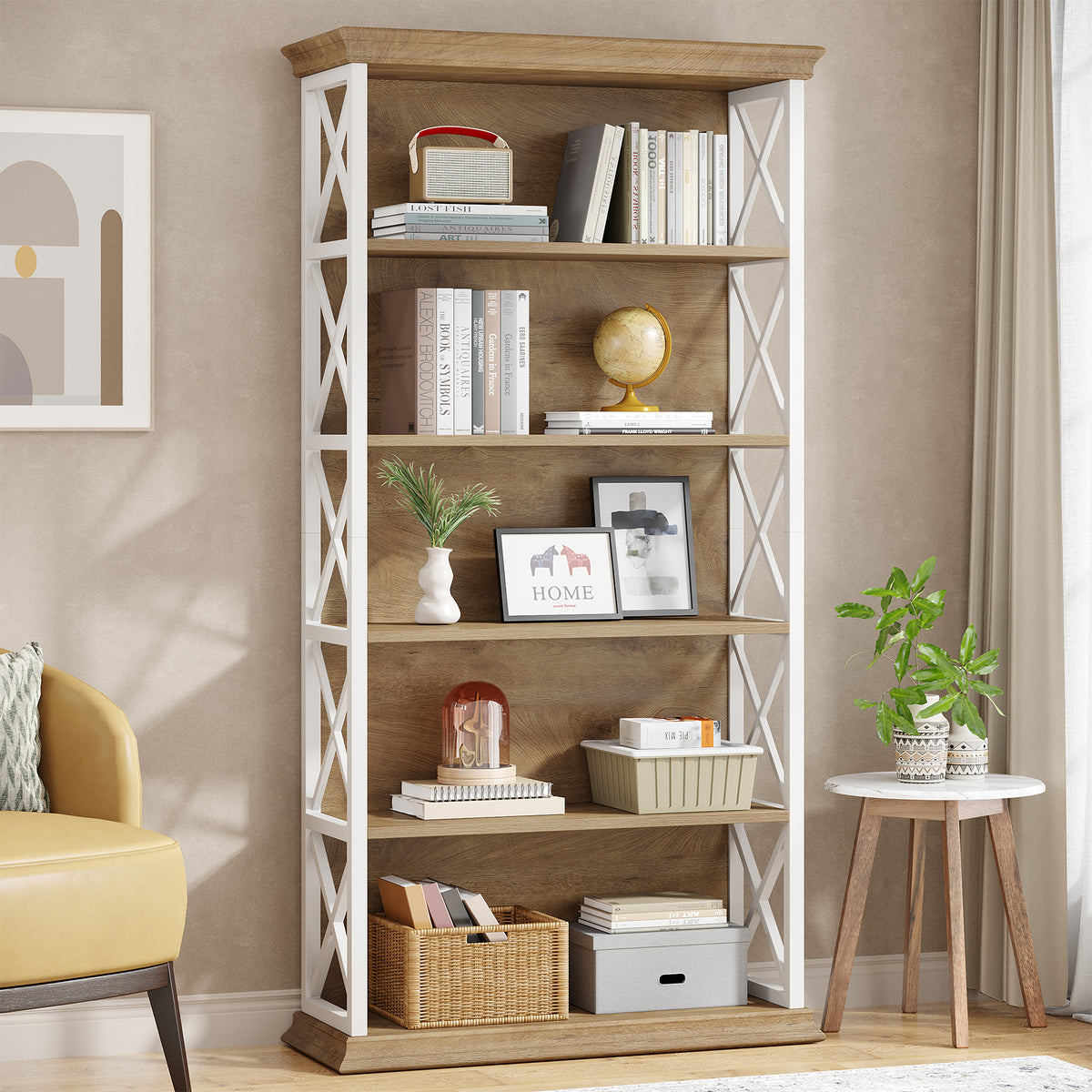 6-Tier Bookshelf, 70.87" Etagere Metal and Wooden Bookcase for Home Office