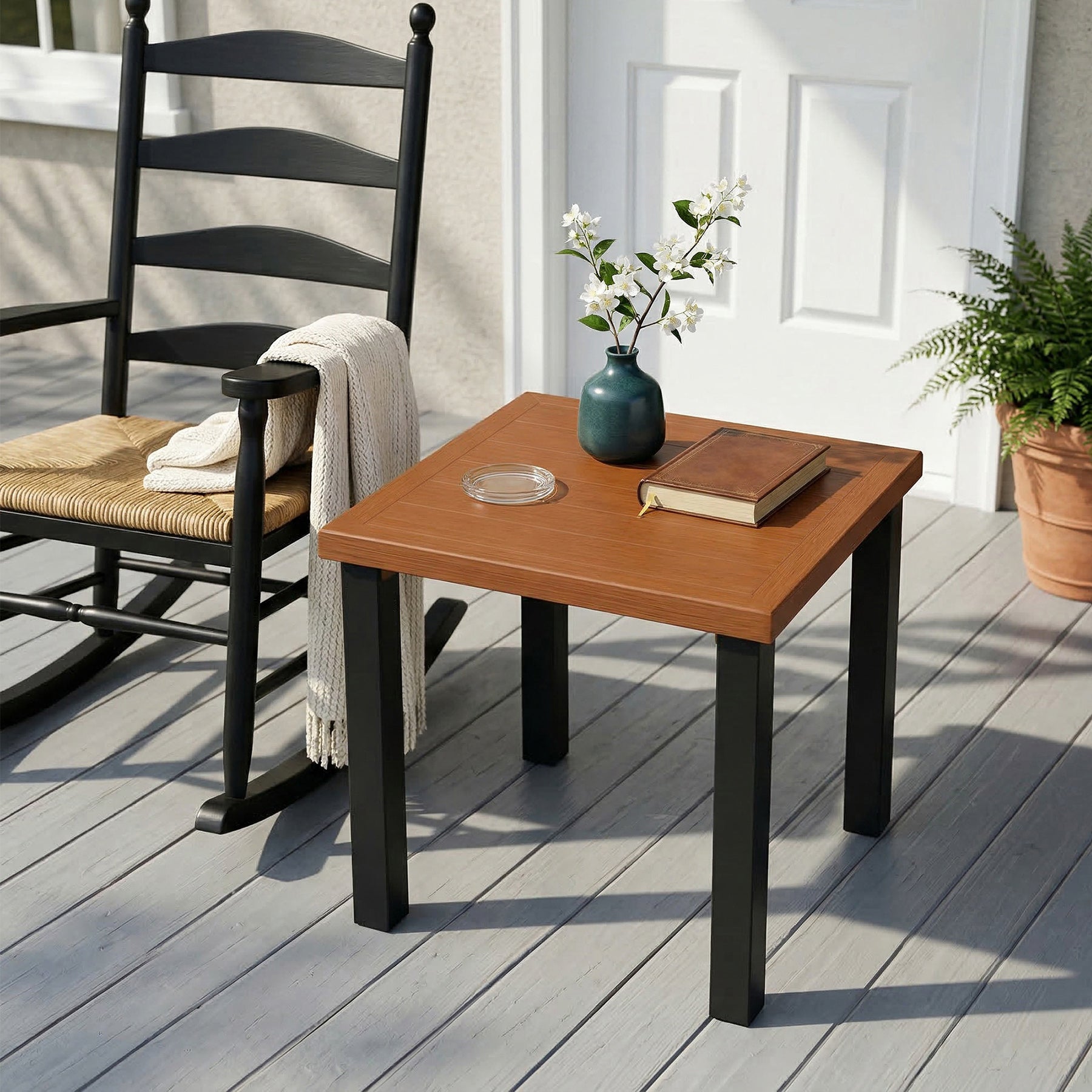 Square Outdoor Side Table, Weather Resistant Patio End Table with Metal Legs