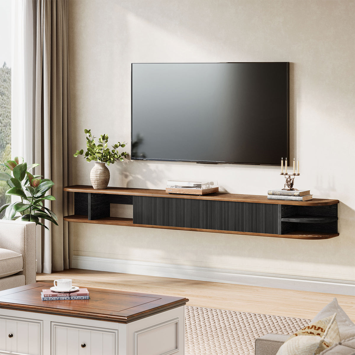 71" Floating TV Stand with Fluted Doors, Solid Wood Media Console with Cable Management for 50-90" TVs