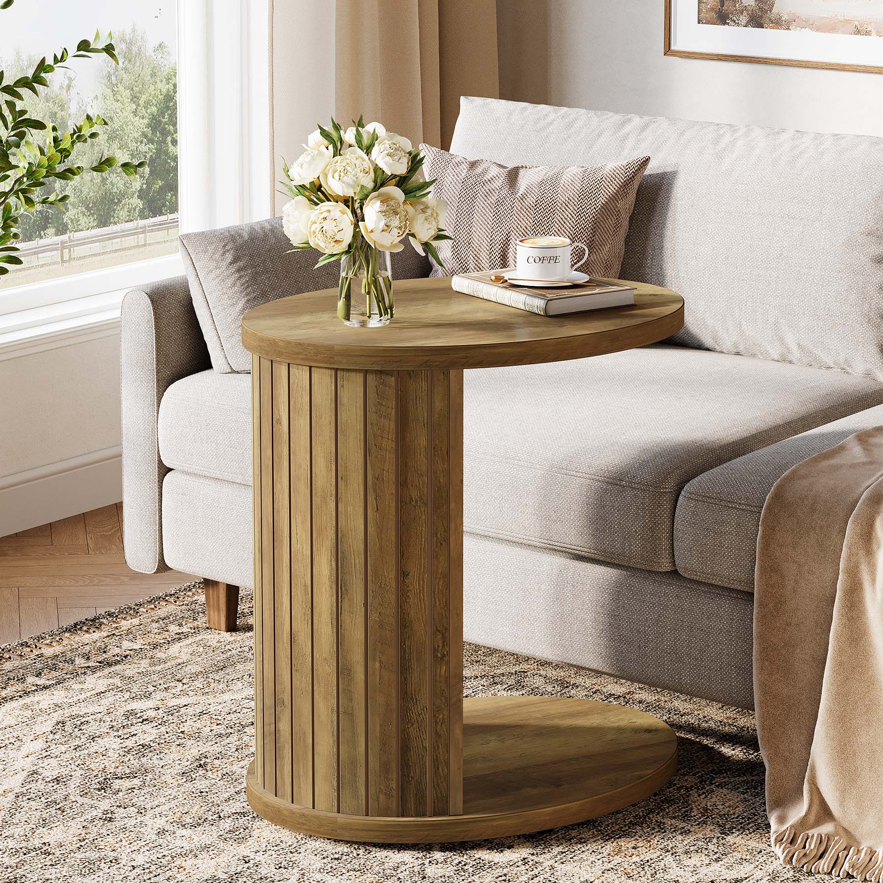 C-Shaped End Table, Fluted Sofa Side Table with Storage Shelf for Small Space